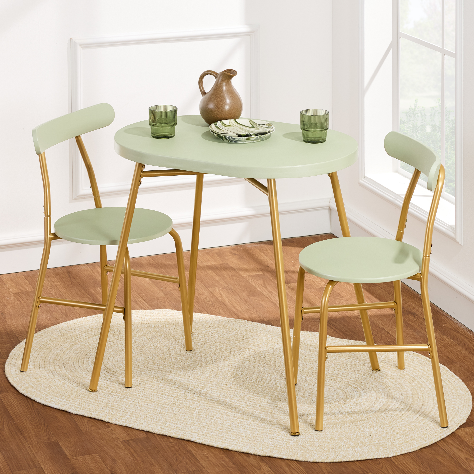3-Piece Modern Oval Dining Table Set, Small Kitchen Dinette w/ 2 Chairs - Sage Green/Gold - Best Choice Products Online