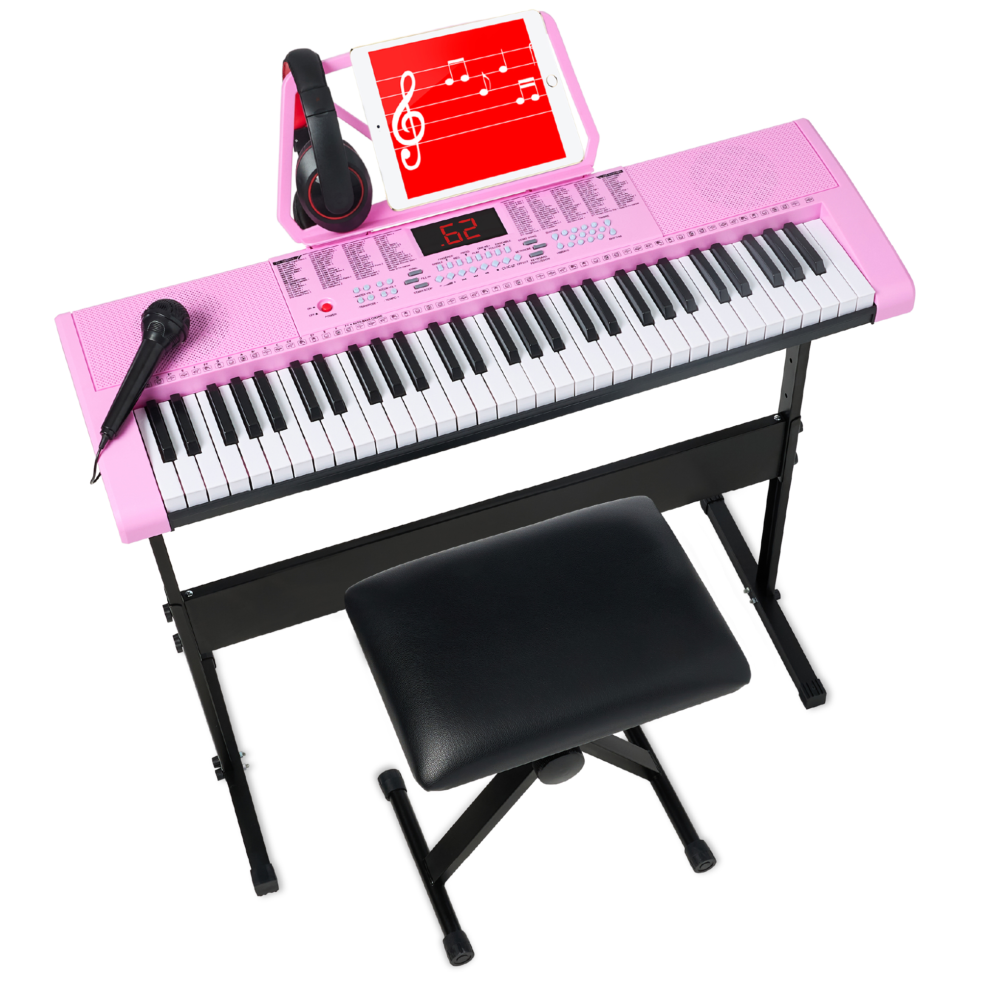 61-Key Beginners Ultimate Bundle Electronic Keyboard Piano Set w/ 3 Teaching Modes, Microphone, Headphone, Demo Songs - Pink - Best Choice Products