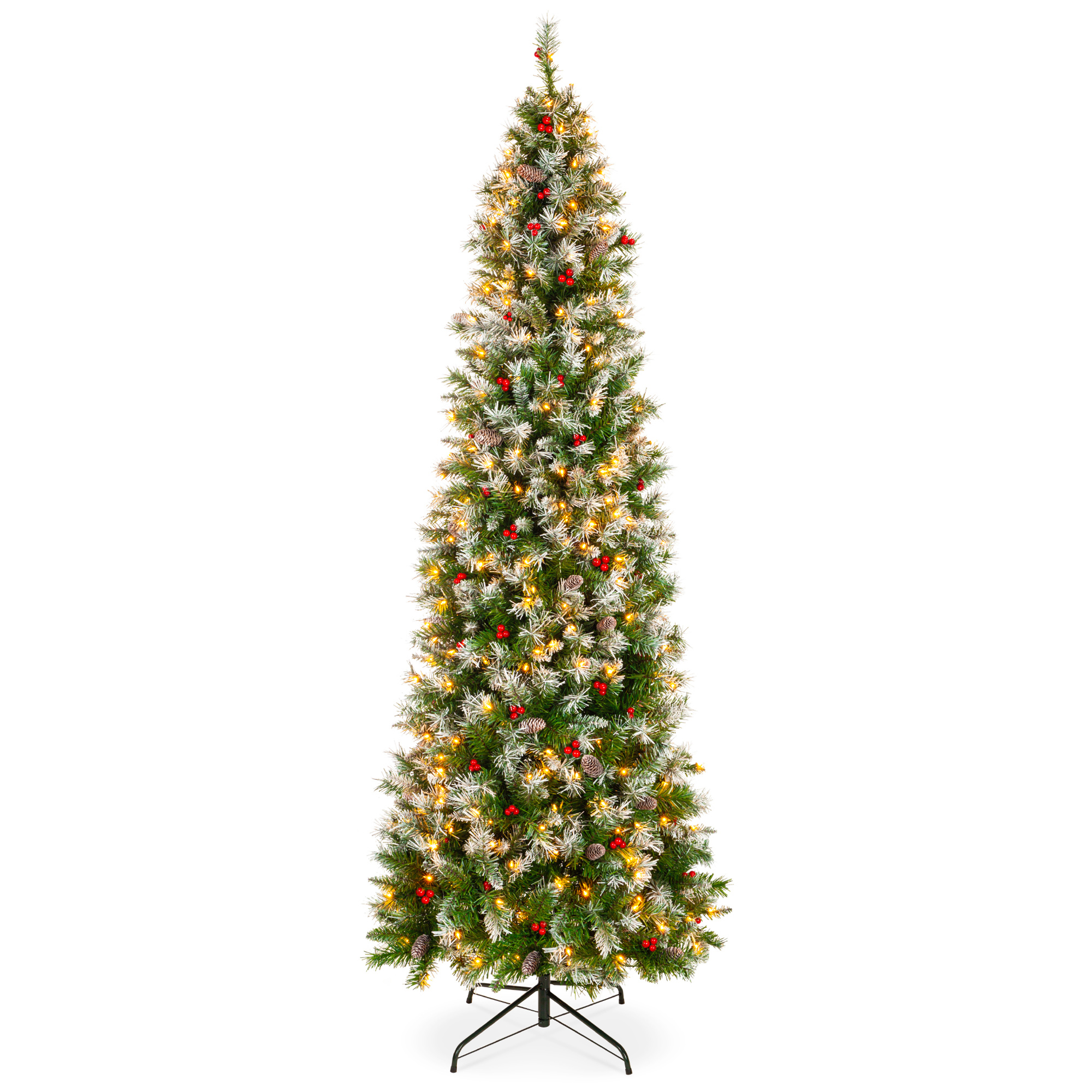 Pre-Lit Partially Flocked Artificial Spruce Pencil Tree 6ft w/ Berries, Pine Cones, 618 Flocked Tips, 250 Lights, Base - Best Choice Products Online