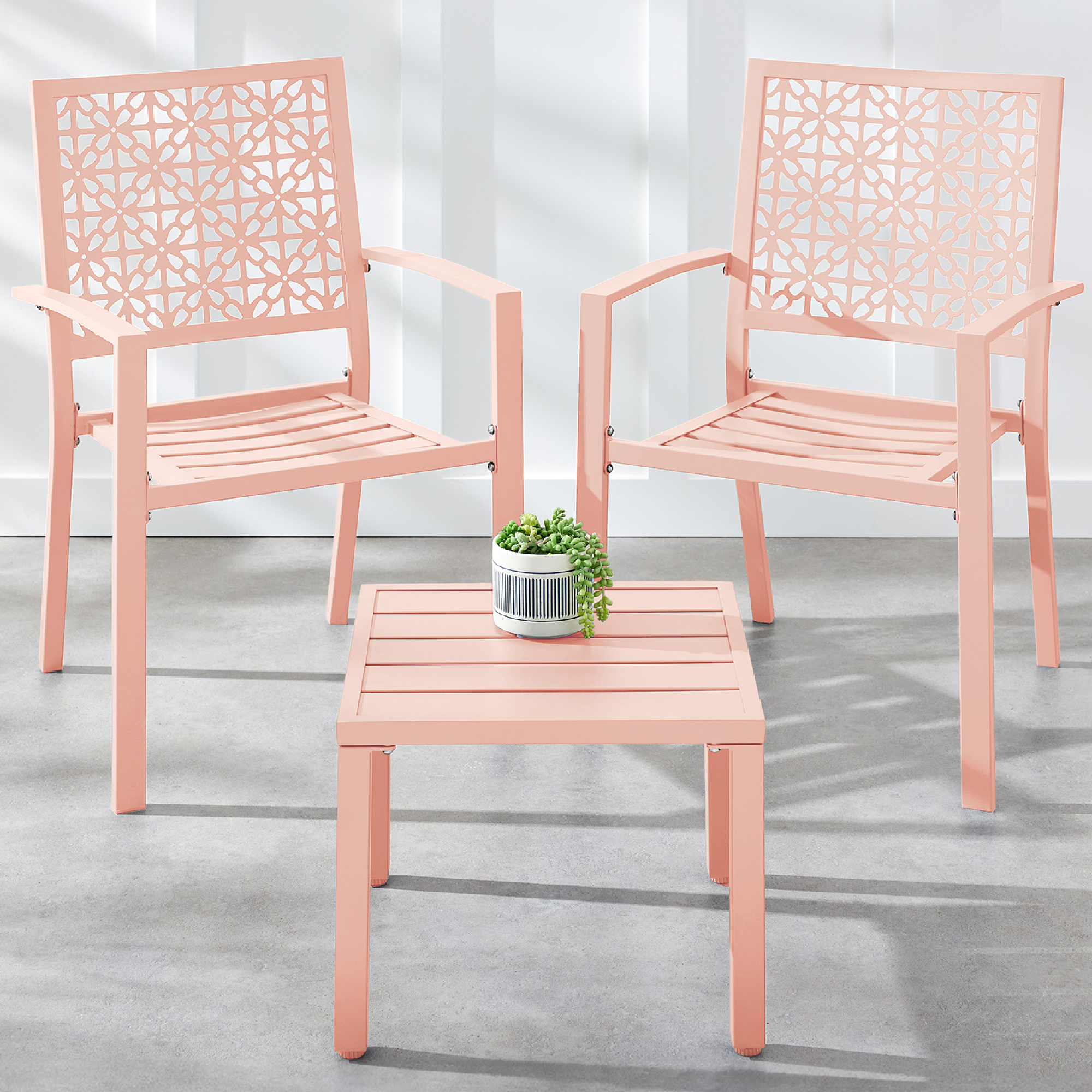 3-Piece Stackable Steel Outdoor Conversation Bistro Set, Patio Chat Furniture w/ 2 Chairs, Table - Peach - Best Choice Products Online