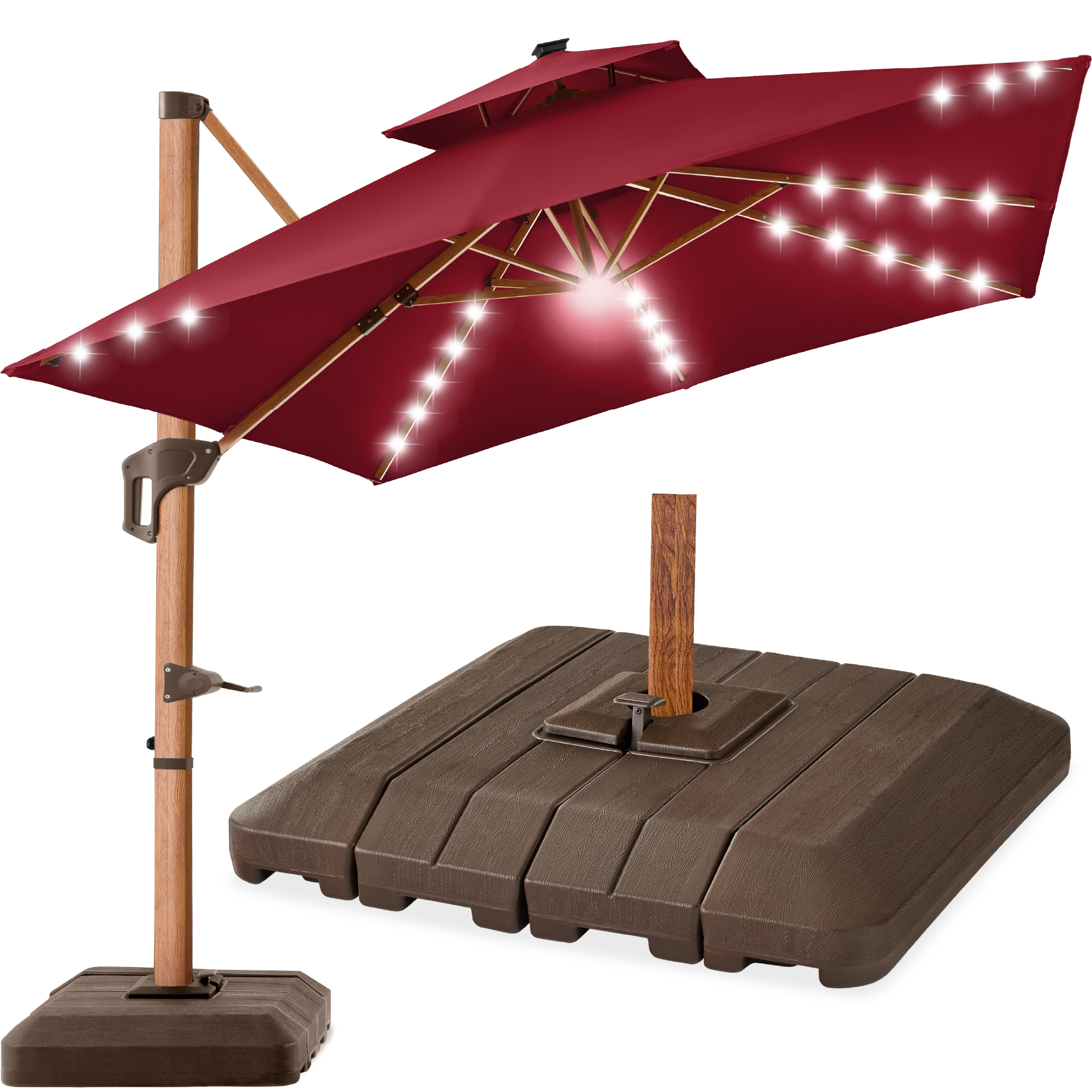 10ft Square Woodgrain Pattern 2-Tier Outdoor Solar LED Cantilever Umbrella w/ Base - Burgundy - Best Choice Products Online