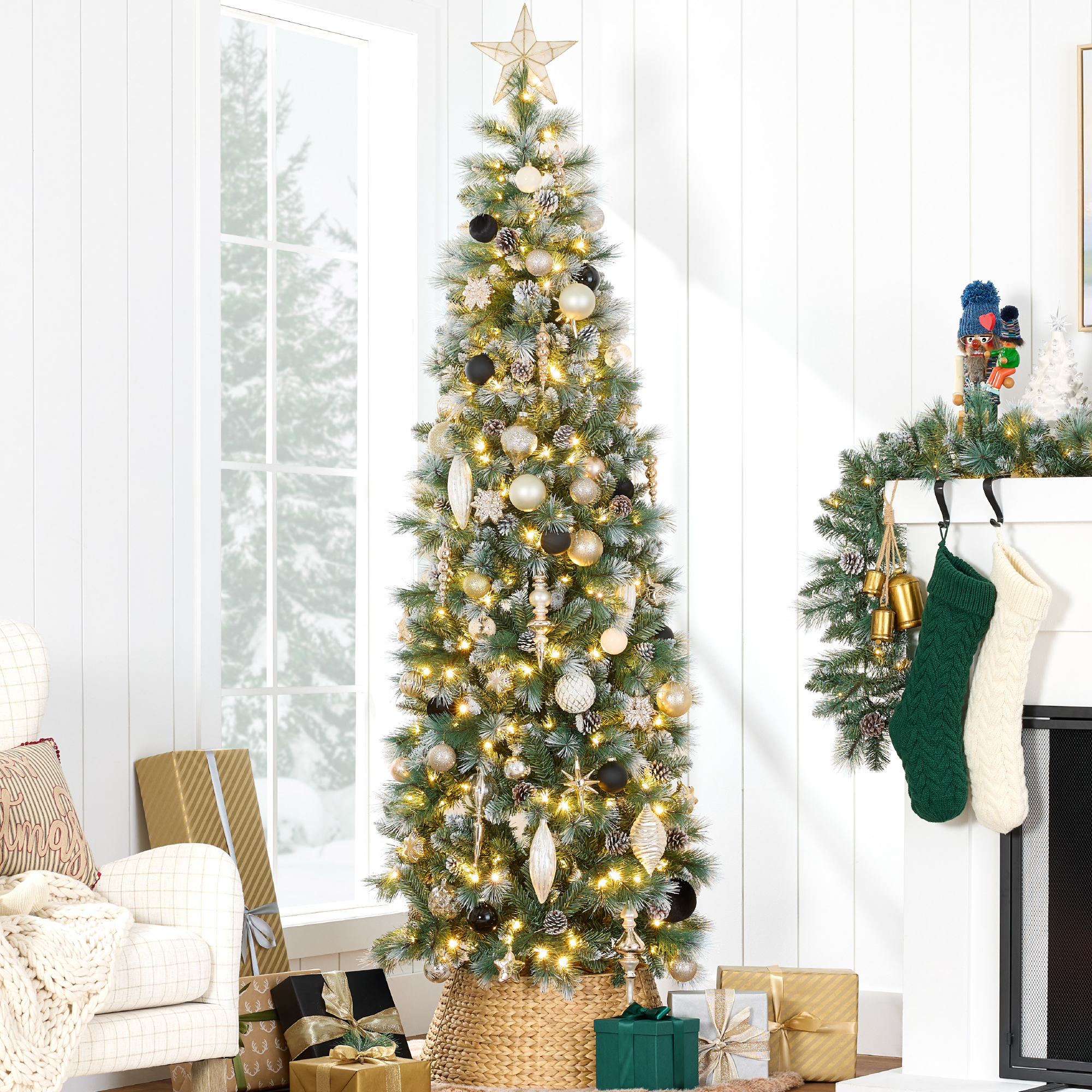 9ft Frosted Pre-Lit Artificial Scotch Pine Pencil Christmas Tree w/ 500 LED Lights, Metal Stand - Best Choice Products Online