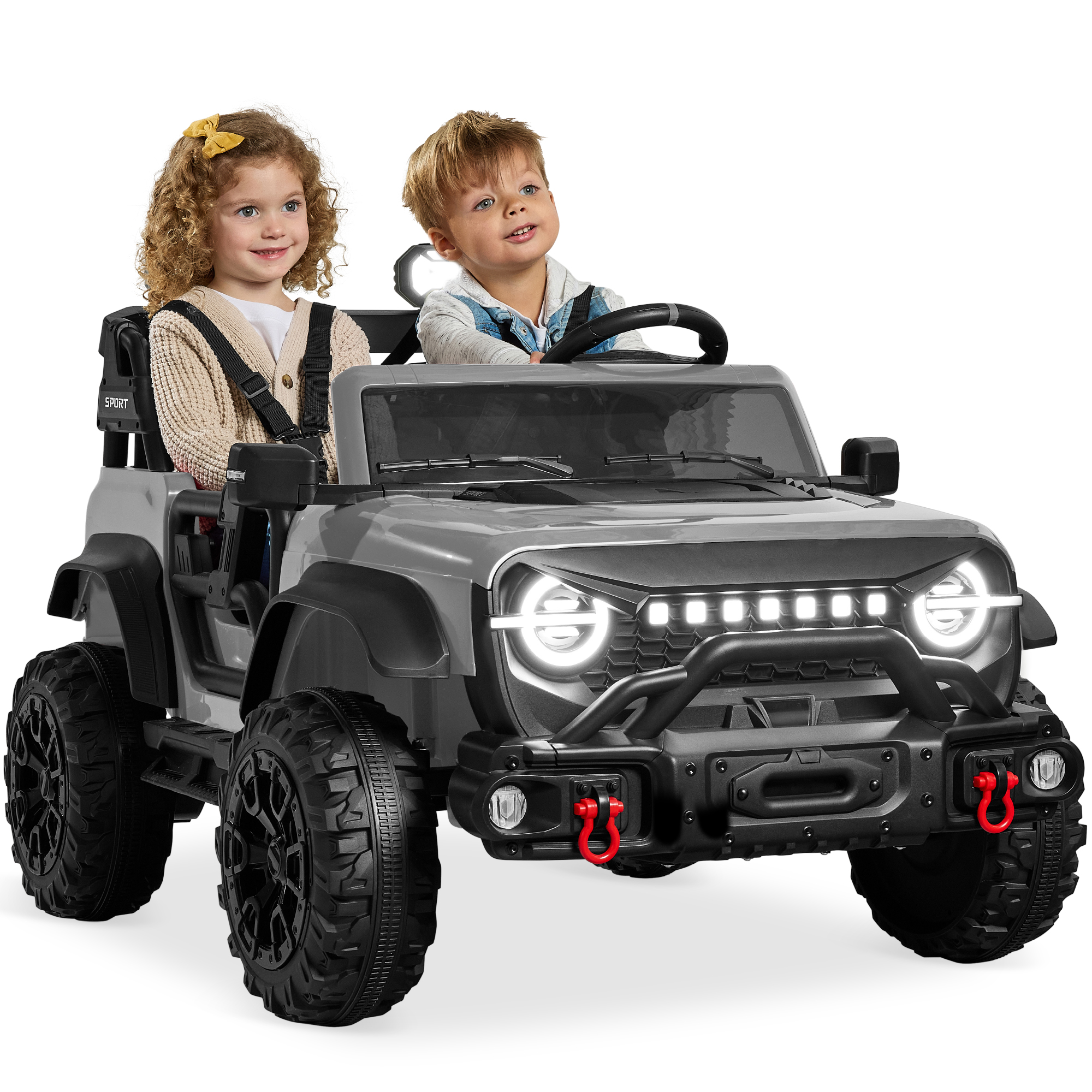 Kids 24V 2-Seater Electric Ride-On Car Truck w/ Parent Control, Bluetooth, LED Lights - Light Gray - Best Choice Products Online