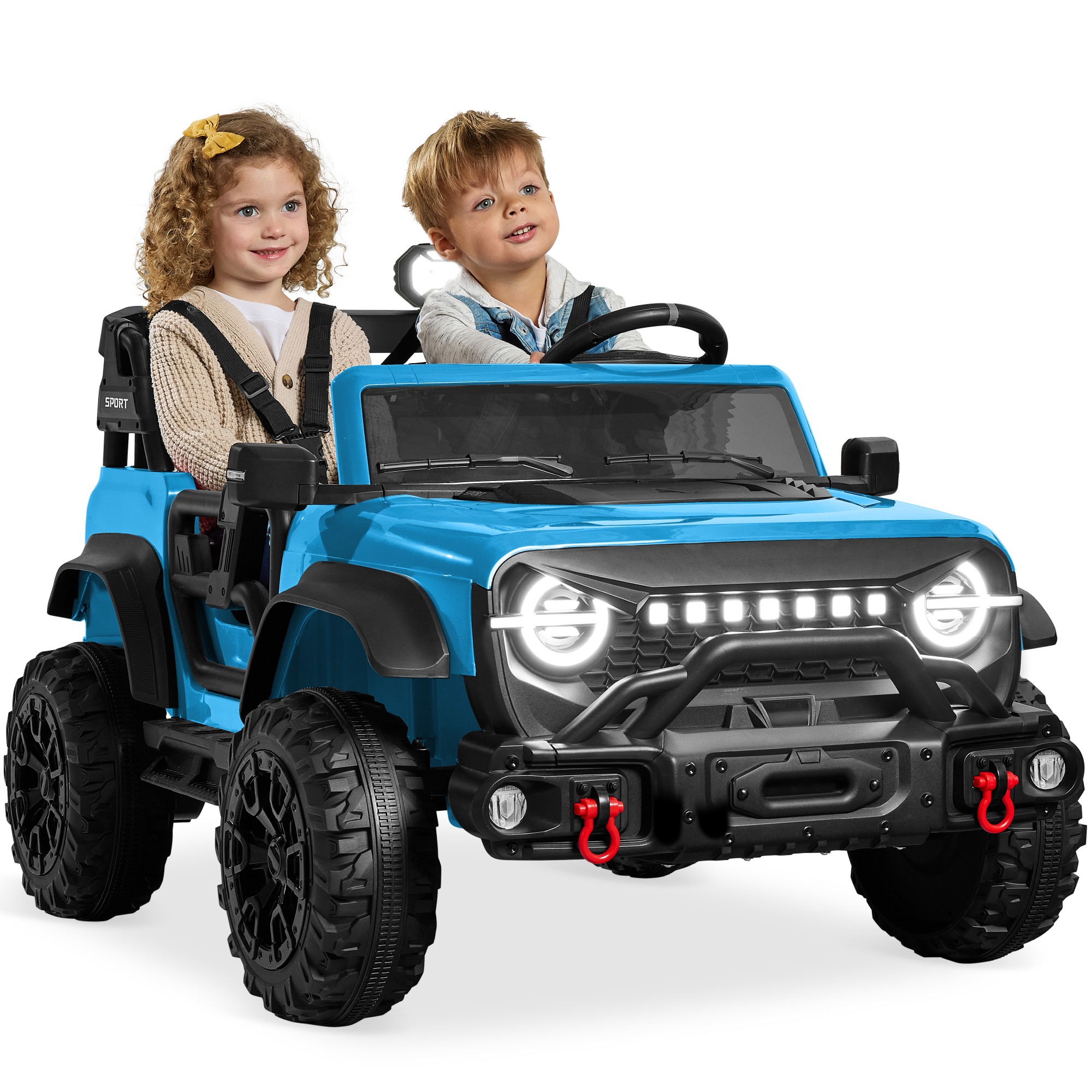 Kids 24V 2-Seater Electric Ride-On Car Truck w/ Parent Control, Bluetooth, LED Lights - Light Blue - Best Choice Products Online