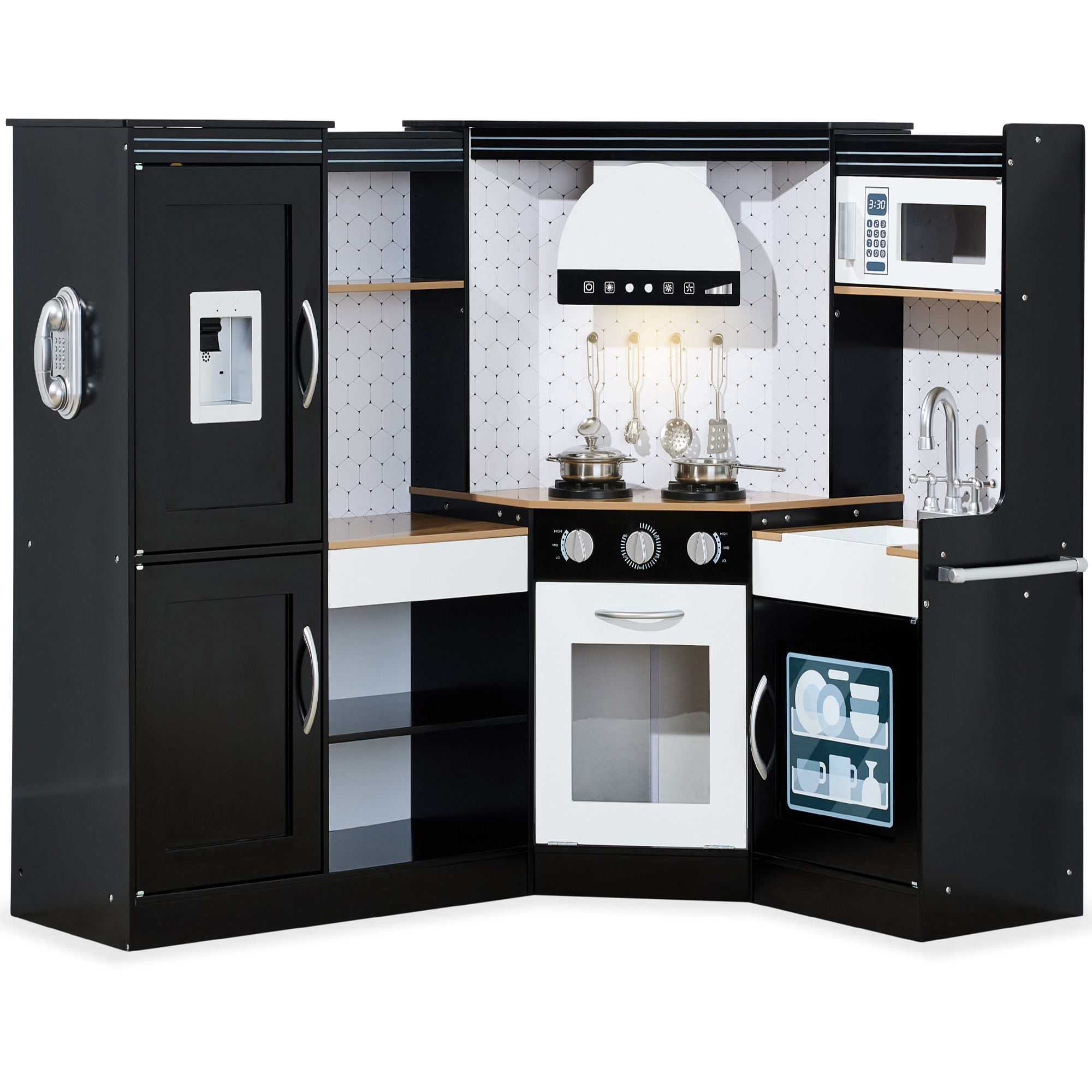 Pretend Play Corner Kitchen, Ultimate Wooden Toy Set For Kids w/ 6 Accessories - Black - Best Choice Products Online