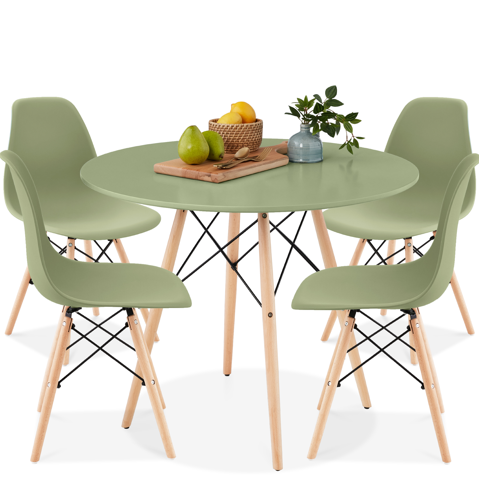 5-Piece Compact Mid-Century Modern Dining Set w/ 4 Chairs, Wooden Legs, Plastic Seats - Sage Green/Oak - Best Choice Products Online