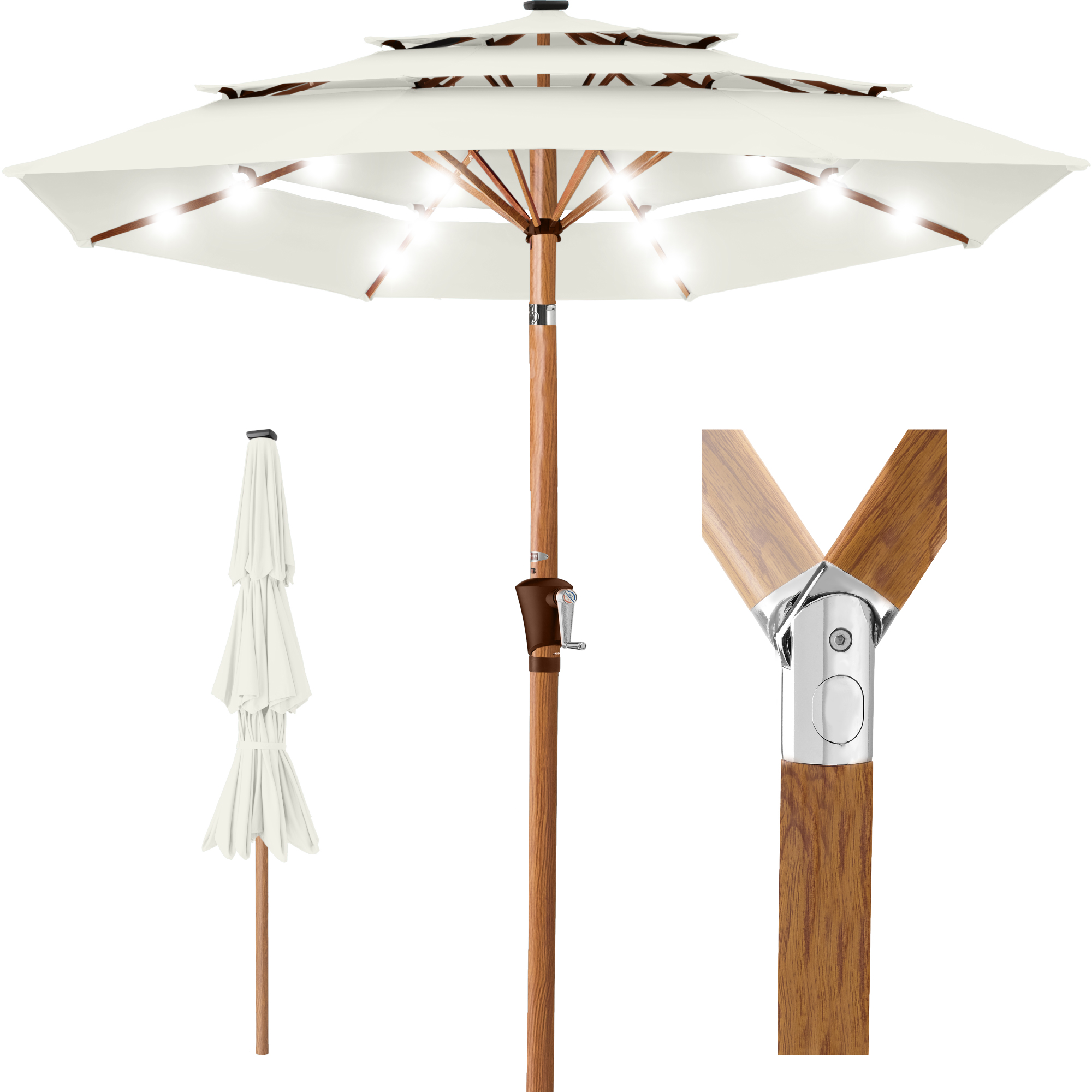 10ft Woodgrain Pattern 3-Tier Solar Patio Umbrella w/ 24 LED Lights, Tilt - Ivory - Best Choice Products Online