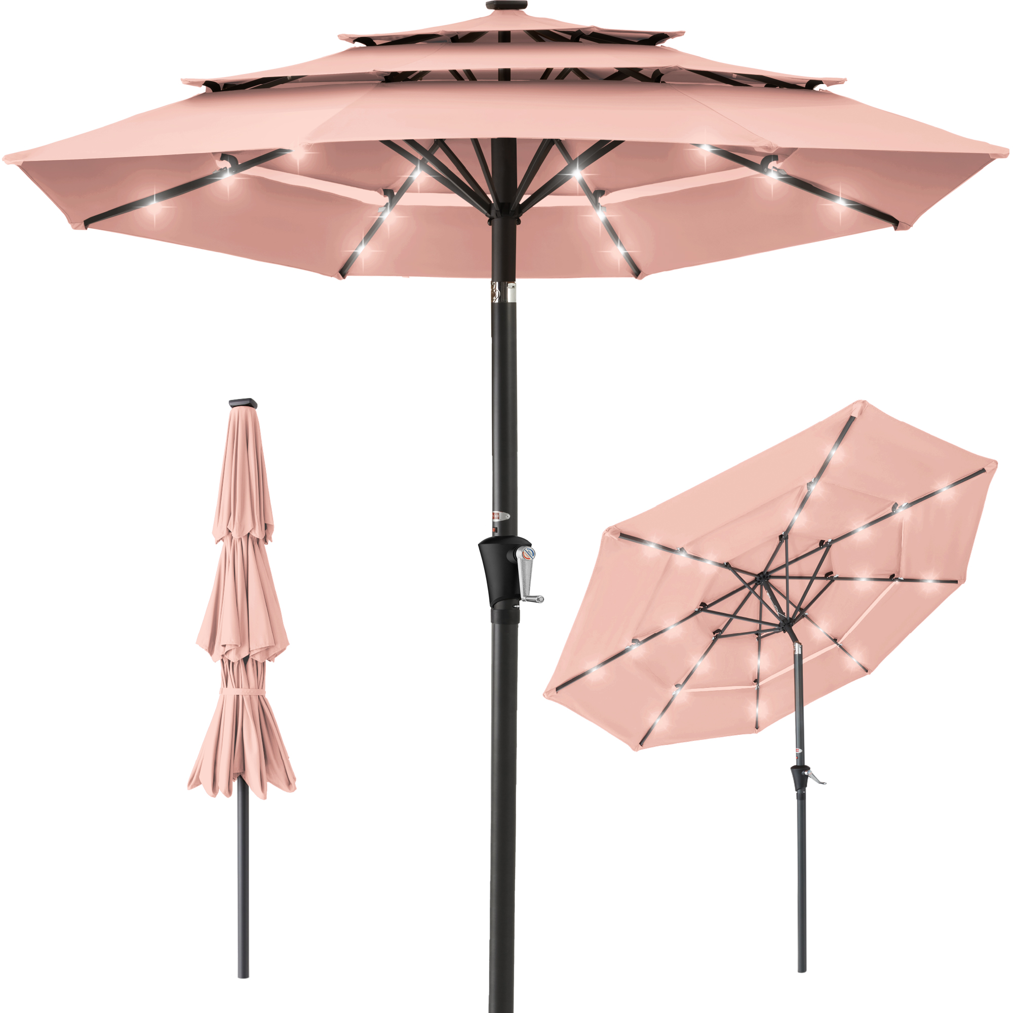 10ft 3-Tier Solar Patio Umbrella w/ 24 LED Lights, Tilt Adjustment, Easy Crank - Rose Quartz - Best Choice Products Online