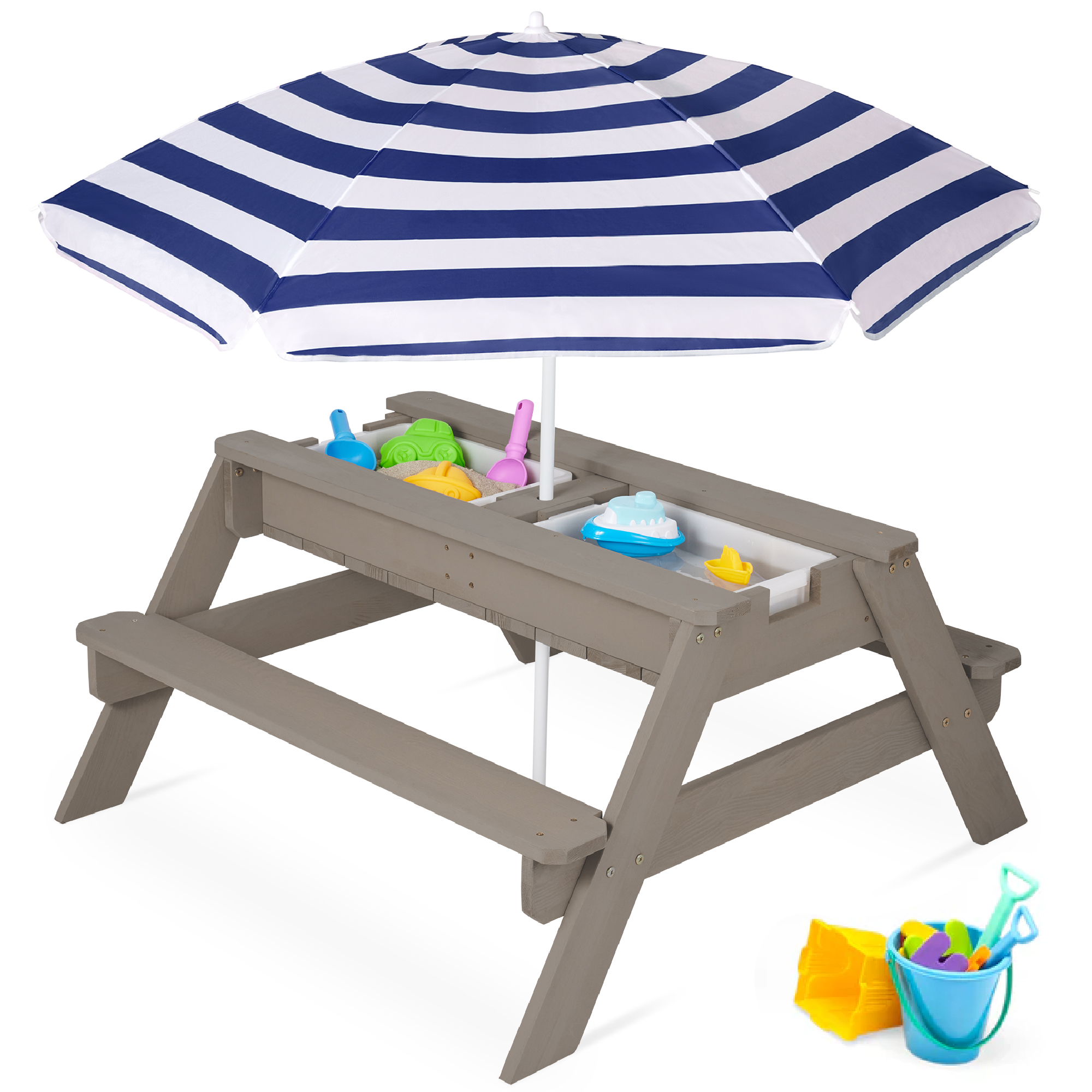 Kids 3-in-1 Outdoor Convertible Wood Activity Sand & Water Picnic Table w/ Umbrella - Gray/Navy - Best Choice Products Online