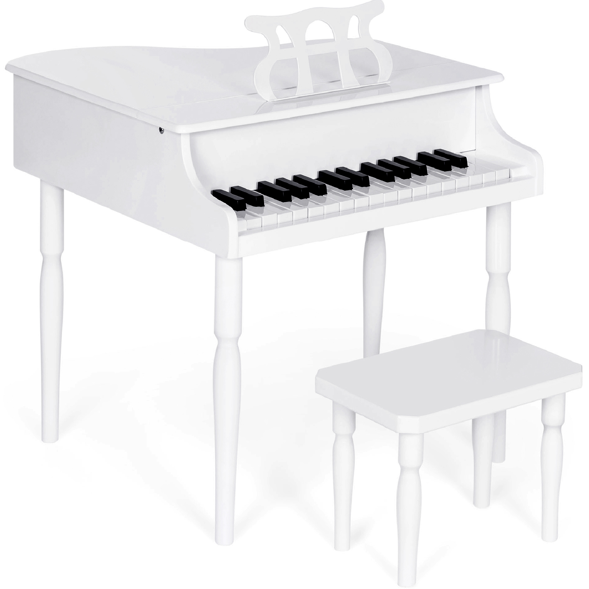 Kids Wooden 30-Key Mini Grand Piano w/ Lid, Bench, Foldable Music Rack, Song Book, Stickers - White
