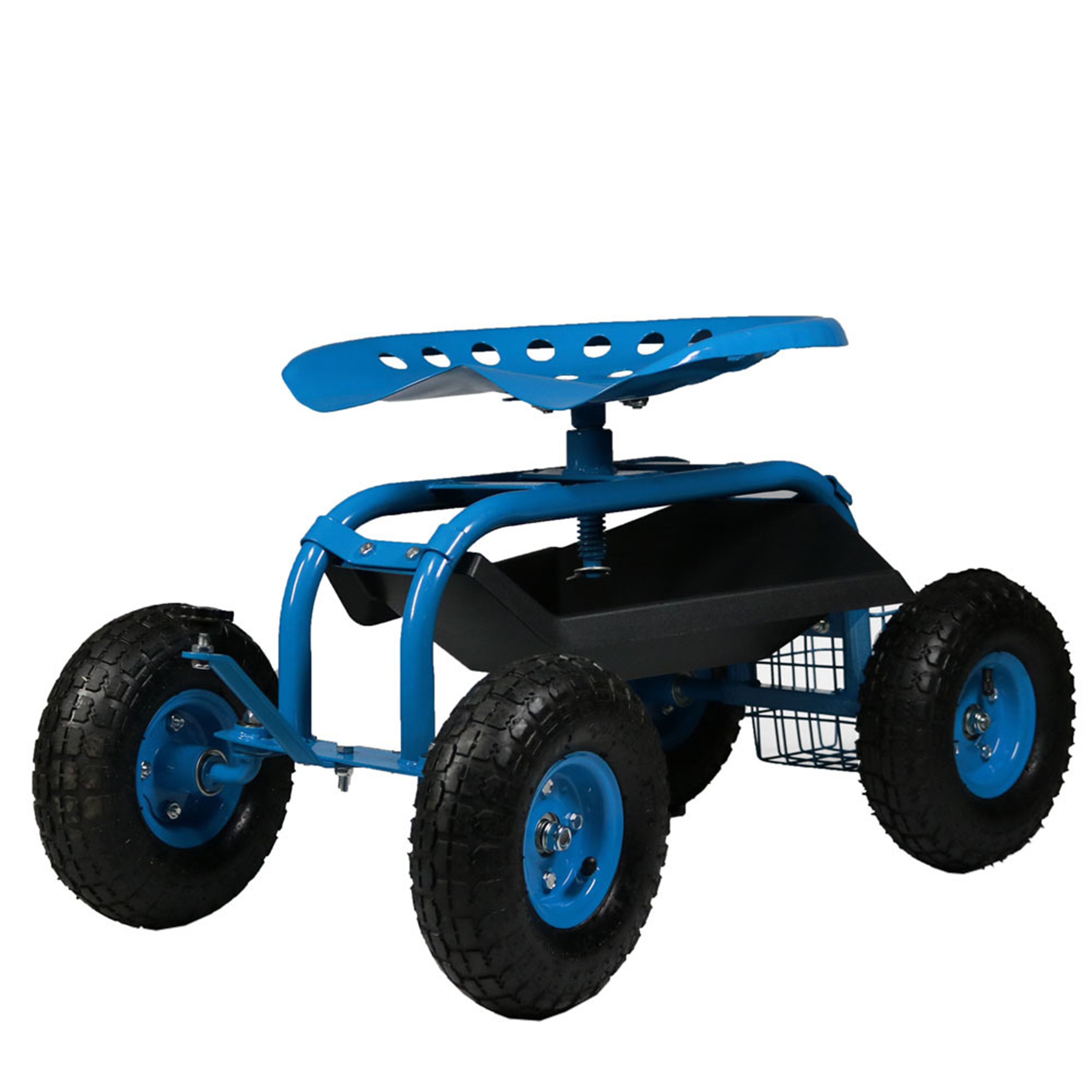 Sunnydaze Rolling Garden Cart with Steering Handle Swivel Seat & Basket - Blue