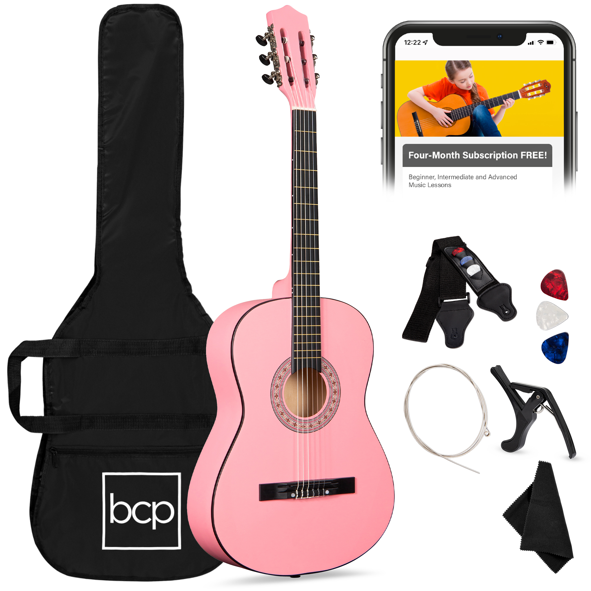 38in Beginner Acoustic Guitar Starter Kit w/ Case, Strap, Digital Tuner, Pick, Strings - Pink