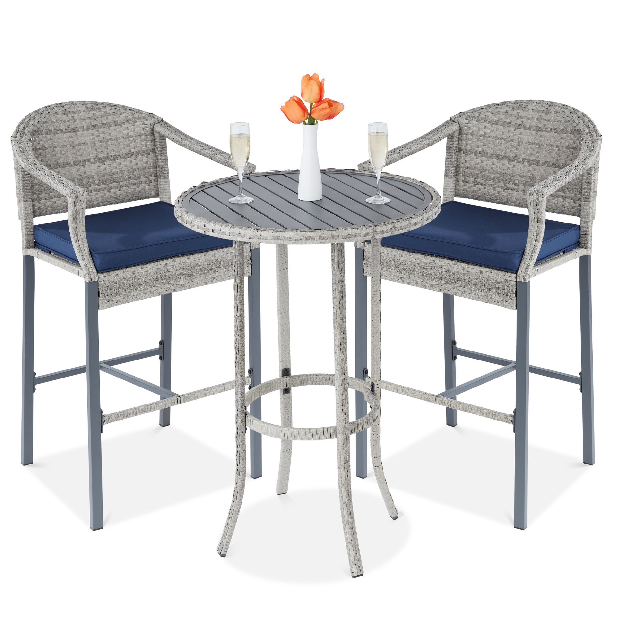 Outdoor Bistro Wicker Table Bar Set w/ 2 Bar Stools, Footrests, Steel Frame - Gray/Blue - Best Choice Products Online