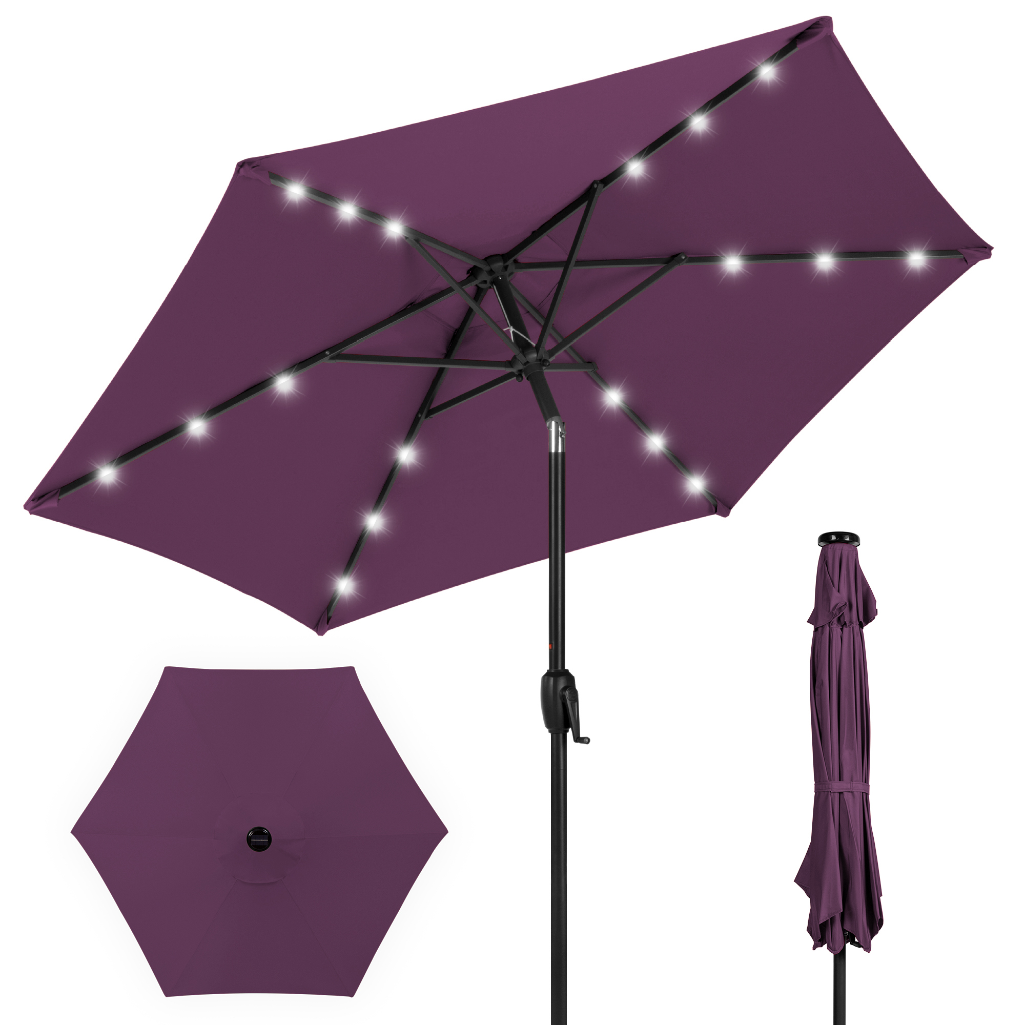 7.5ft Patio Umbrella w/ Solar LED Lights For Deck, Pool w/ Push Button Tilt & Easy Crank Lift - Amethyst Purple - Best Choice Products Online