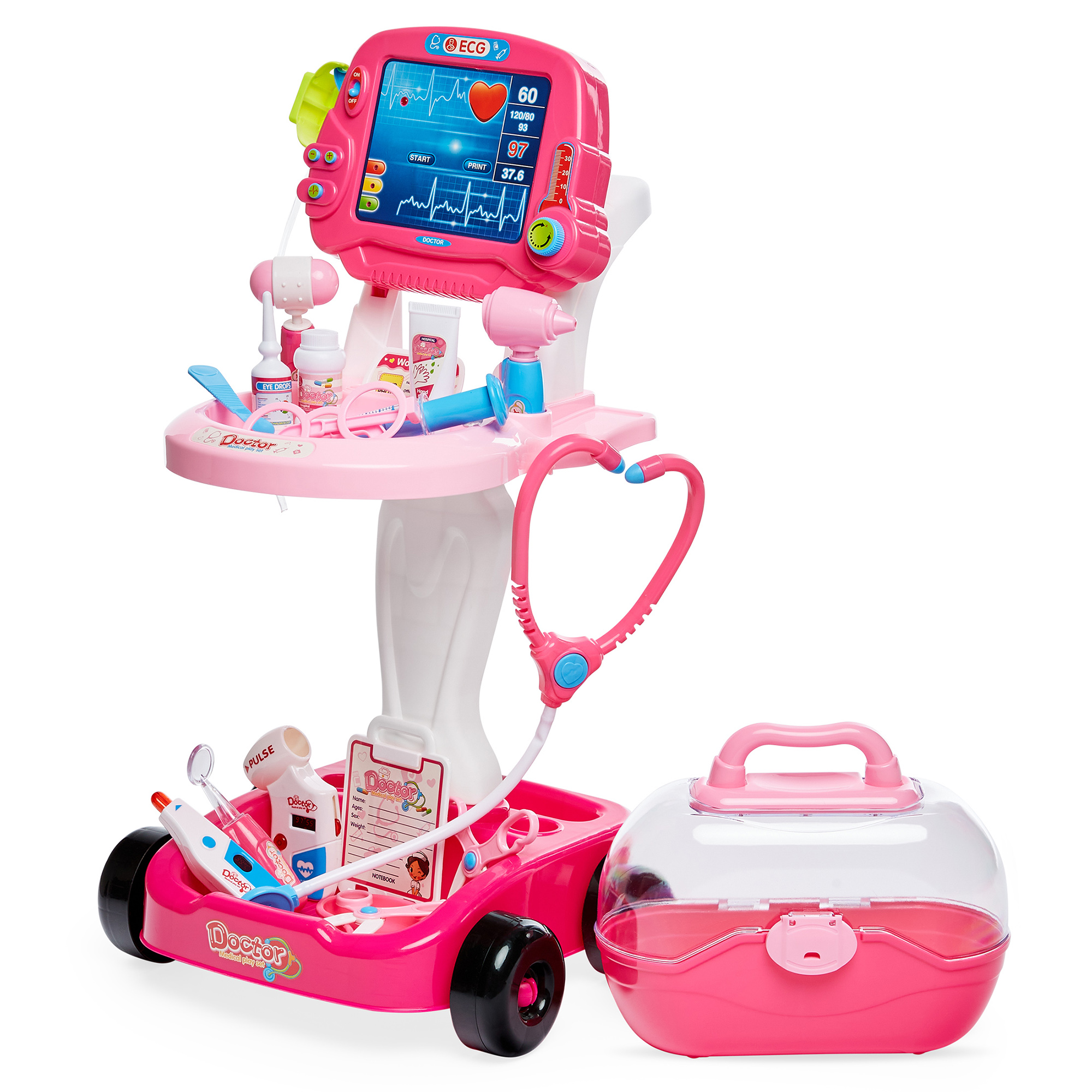 Play Doctor Kit for Kids, Pretend Medical Station Set with Carrying Case, Mobile Cart - Pink - Best Choice Products Online