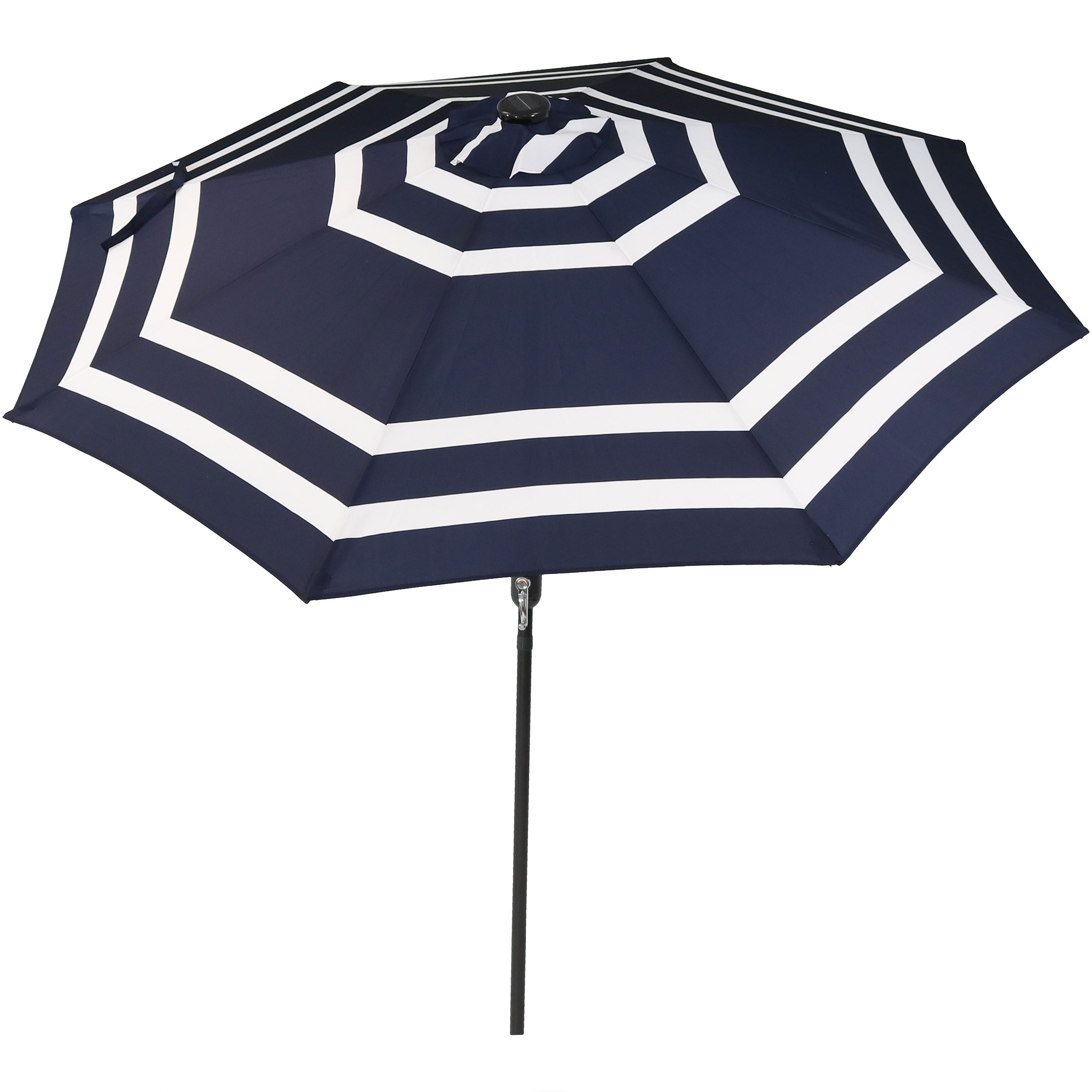 Sunnydaze Solar LED Lighted 9-Foot Aluminum Umbrella with Tilt & Crank, Navy Blue Stripe