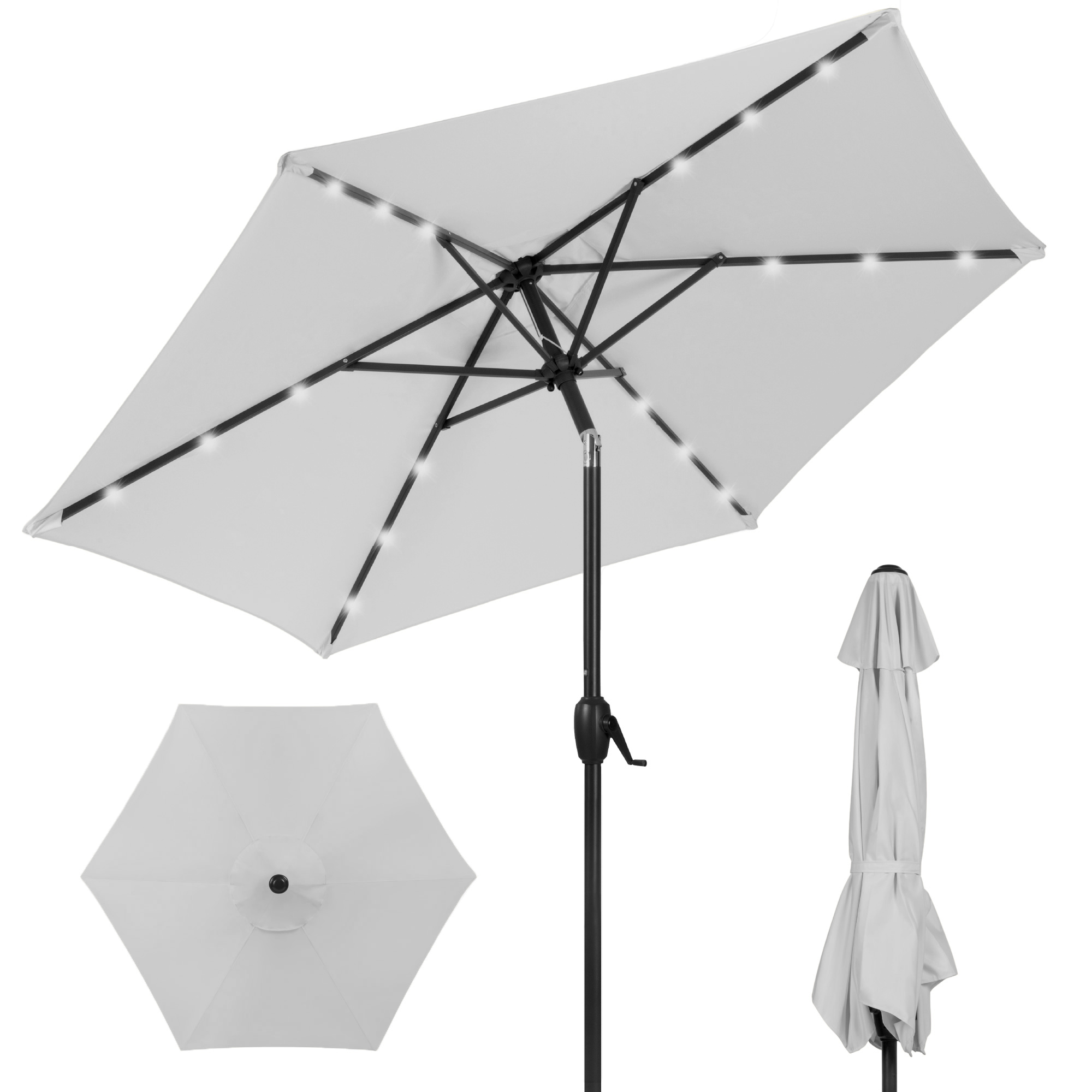 7.5ft Patio Umbrella w/ Solar LED Lights For Deck, Pool w/ Push Button Tilt & Easy Crank Lift - Fog Gray - Best Choice Products Online