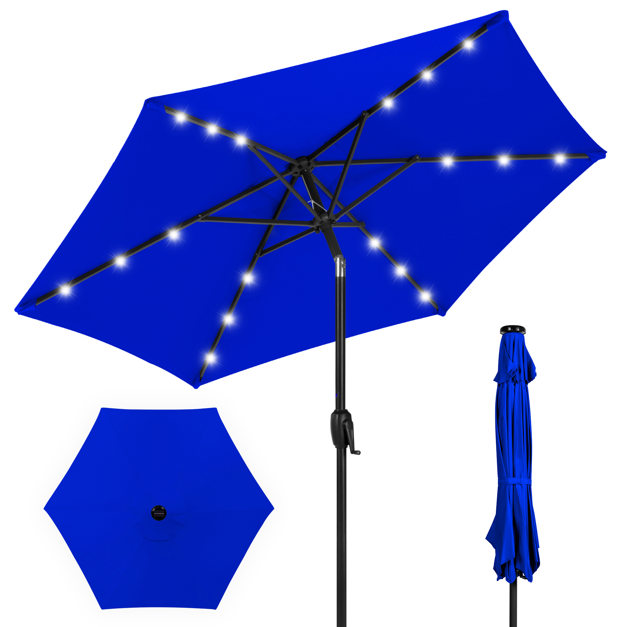 7.5ft Patio Umbrella w/ Solar LED Lights For Deck, Pool w/ Push Button Tilt & Easy Crank Lift - Resort Blue - Best Choice Products Online