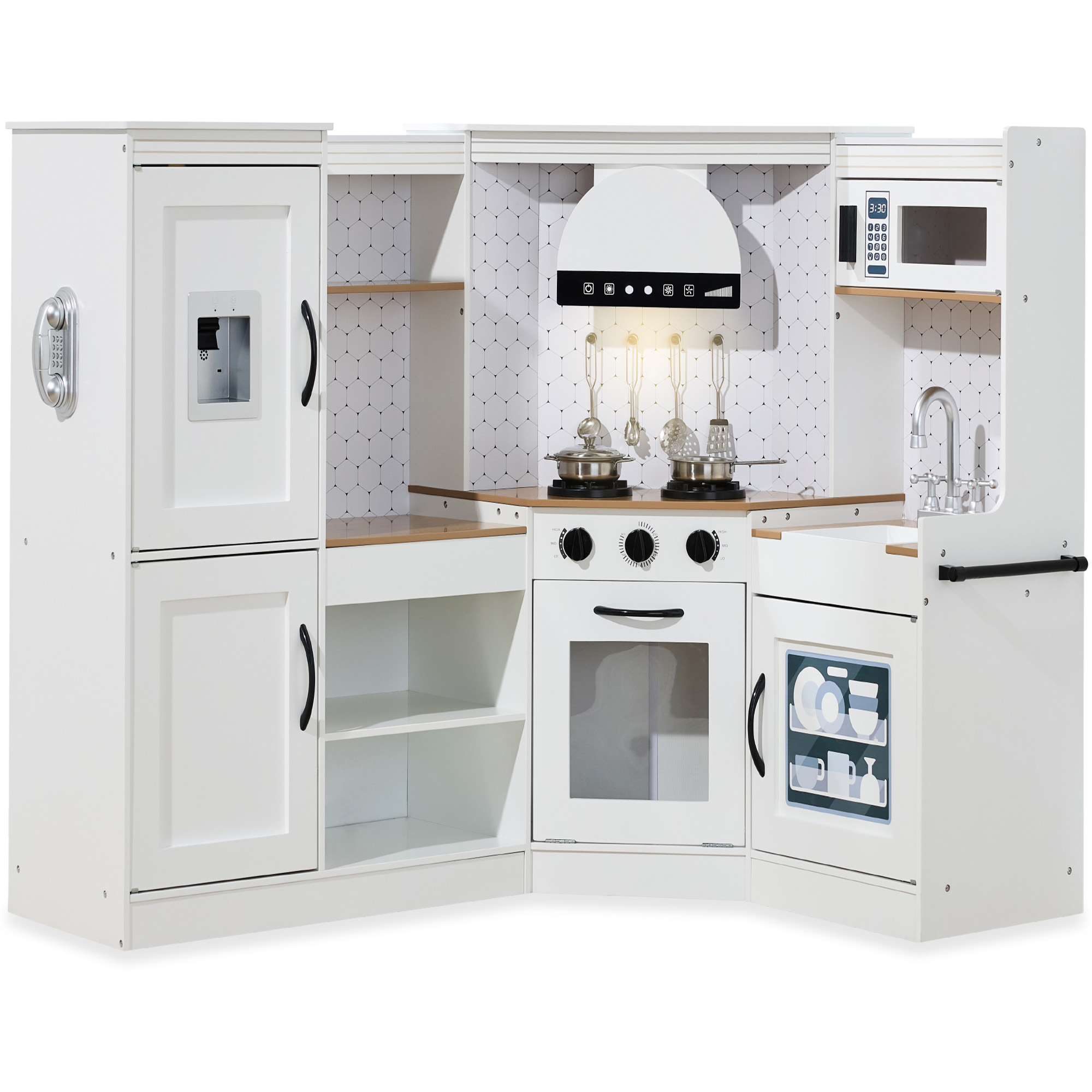 Pretend Play Corner Kitchen, Ultimate Wooden Toy Set For Kids w/ 6 Accessories - Farmhouse White - Best Choice Products Online