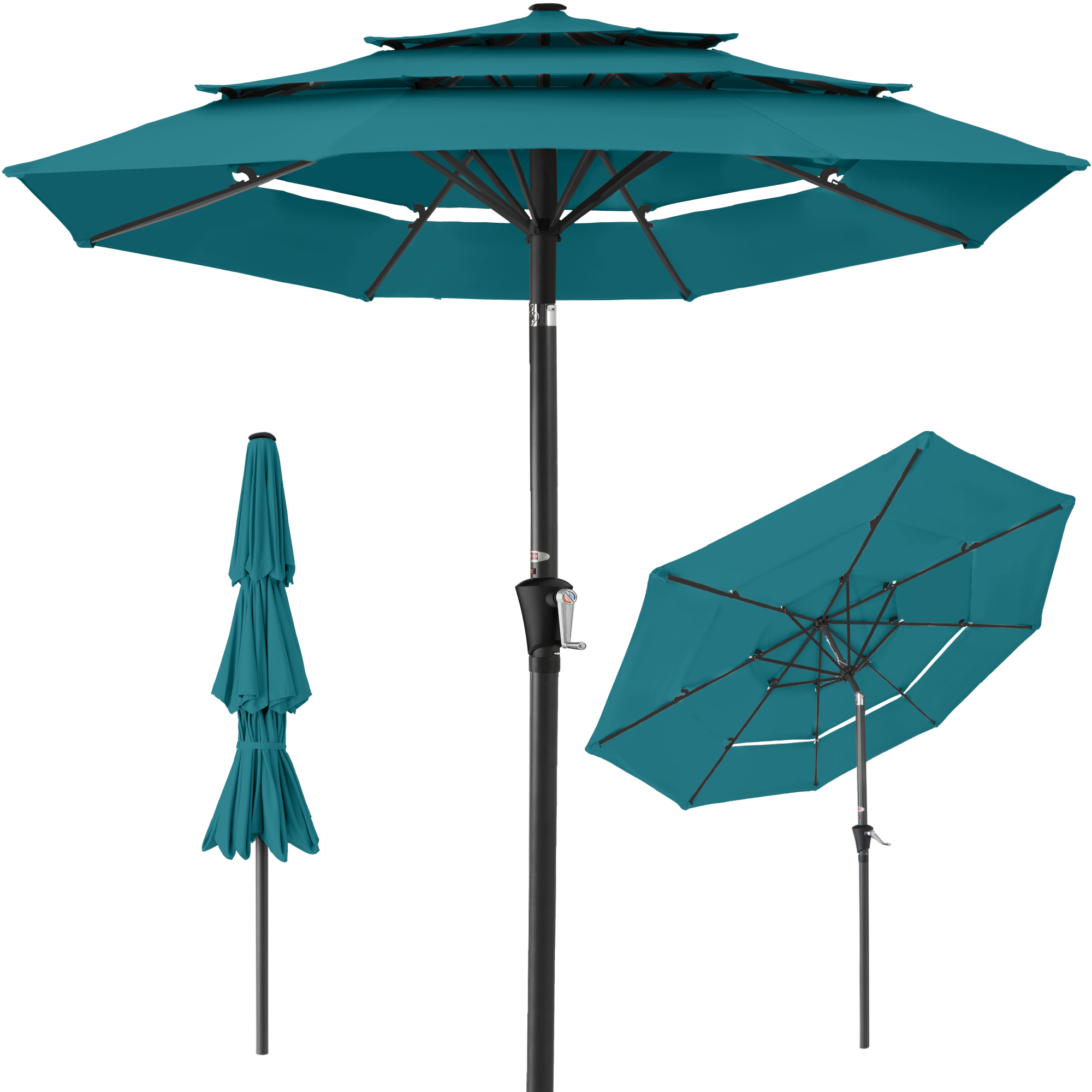10ft 3-Tier Patio Umbrella, Market Sun Shade w/ Tilt Adjustment, Easy Crank - Cerulean - Best Choice Products Online