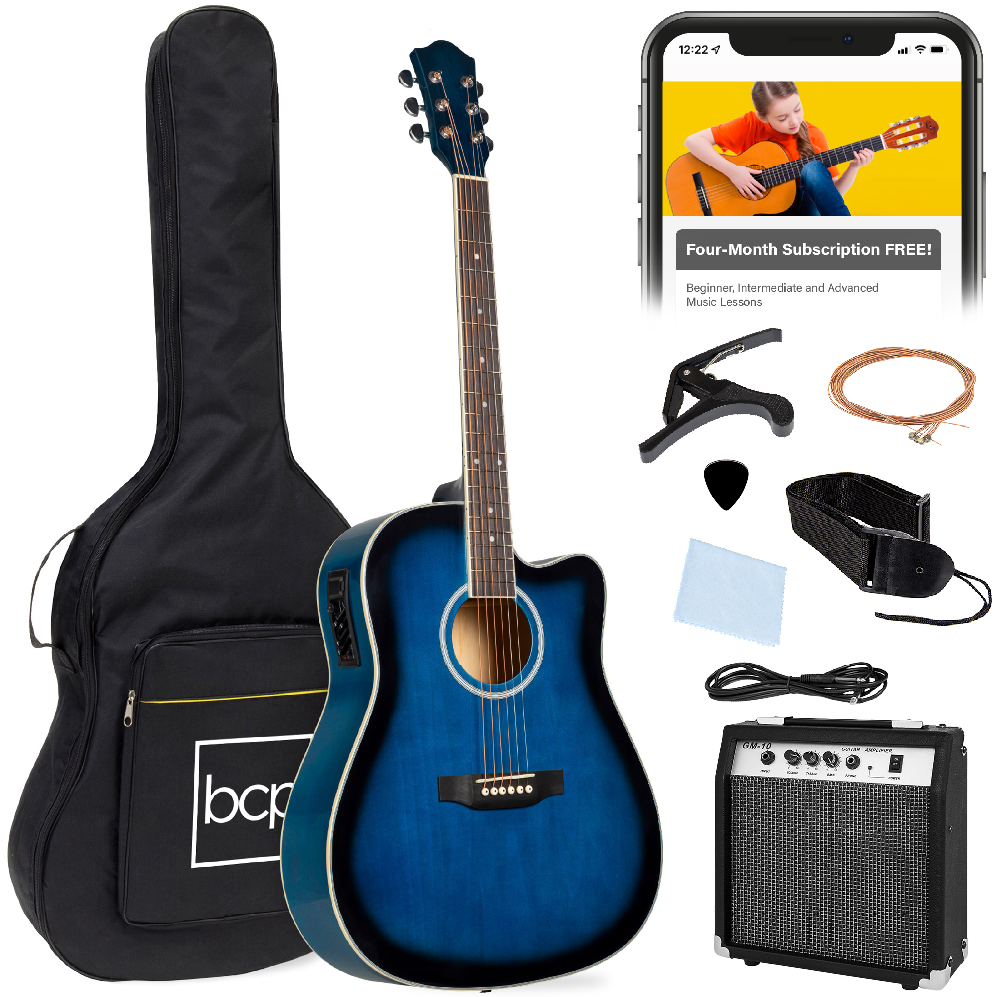 Beginner Acoustic Electric Guitar Starter Set 41in w/ Wood Cutaway Design, Gig Bag - Blue - Best Choice Products Online