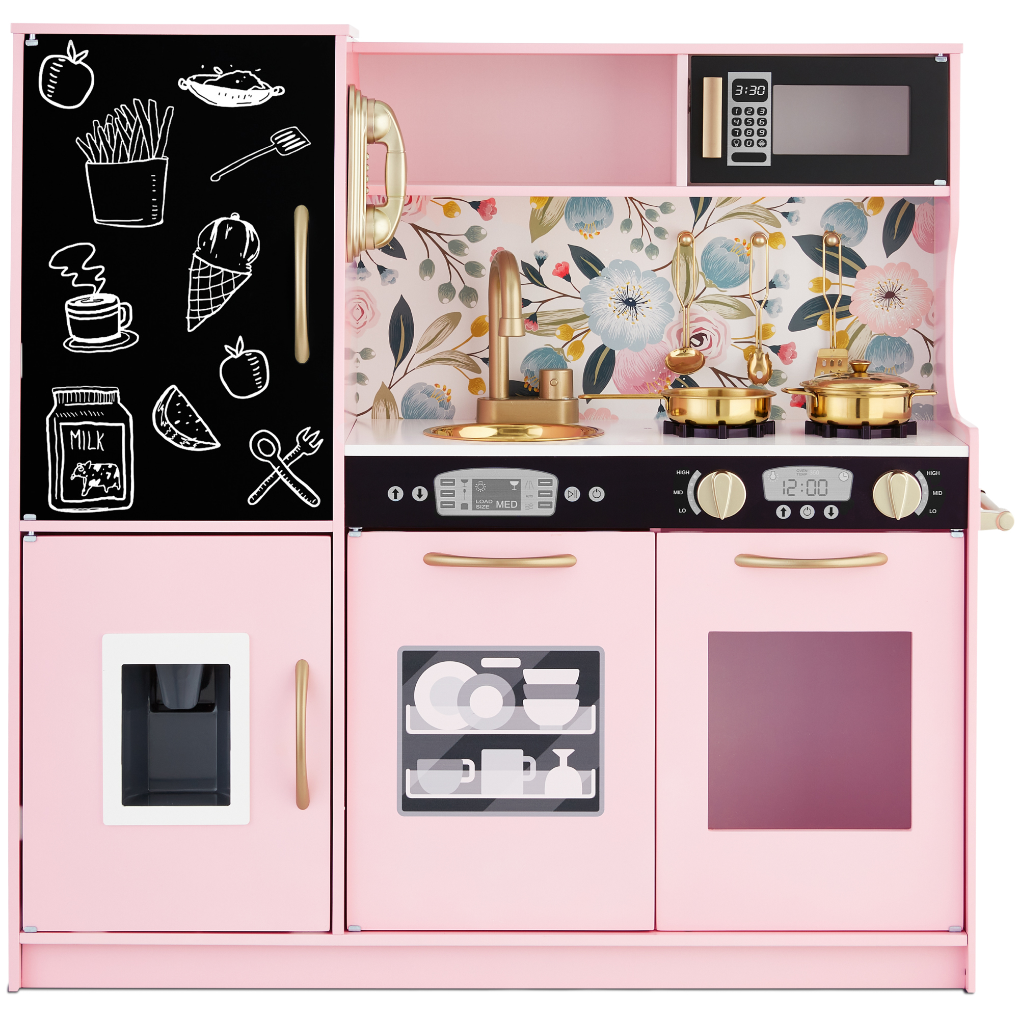 Pretend Play Kitchen Wooden Toy Set for Kids w/ Telephone, Utensils, Oven, Microwave - Pink Floral - Best Choice Products Online