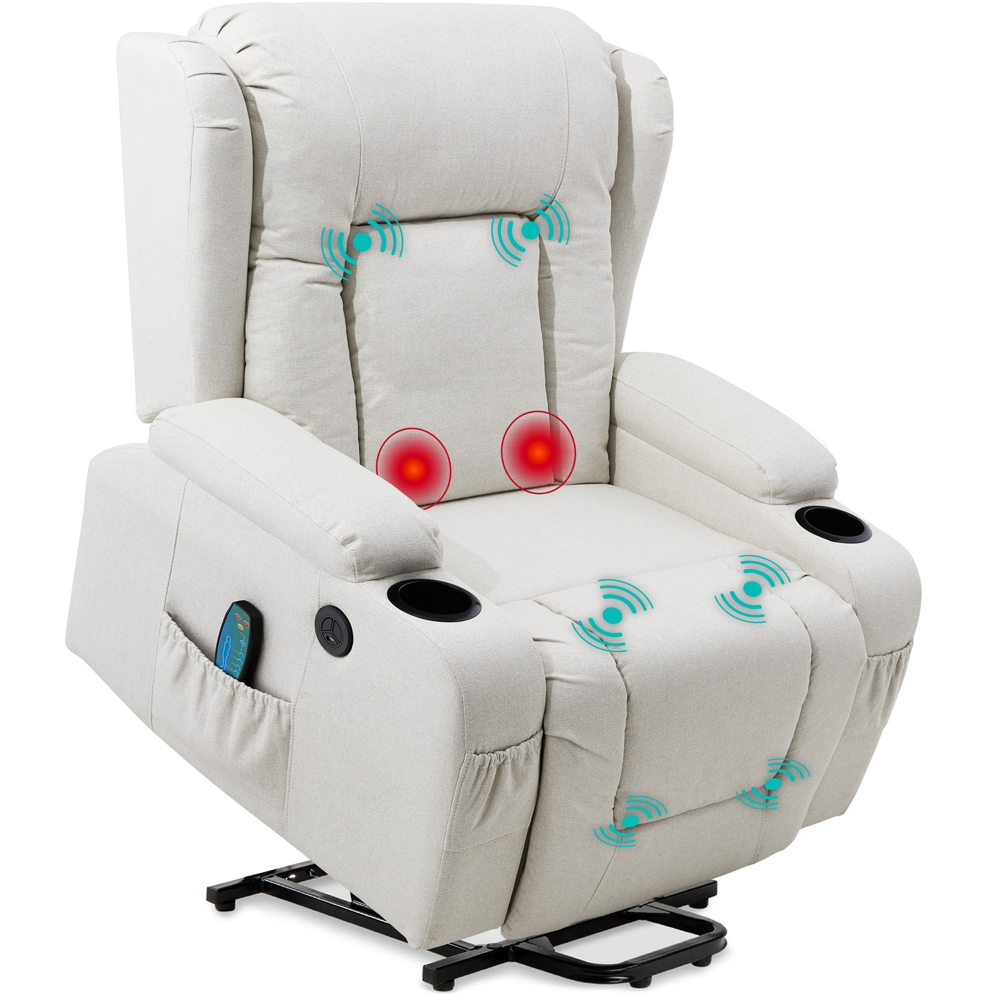 Electric Power Lift Linen Recliner Massage Chair Furniture w/ USB Port, Heat, Cupholders - Ivory - Best Choice Products Online