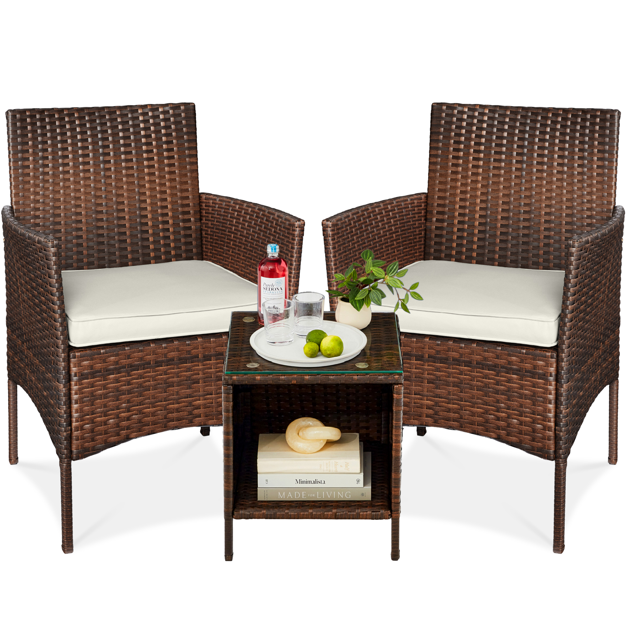 3-Piece Outdoor Wicker Conversation Bistro Set, Patio Chat Furniture w/ Side Storage Table - Brown/White Sand - Best Choice Products Online