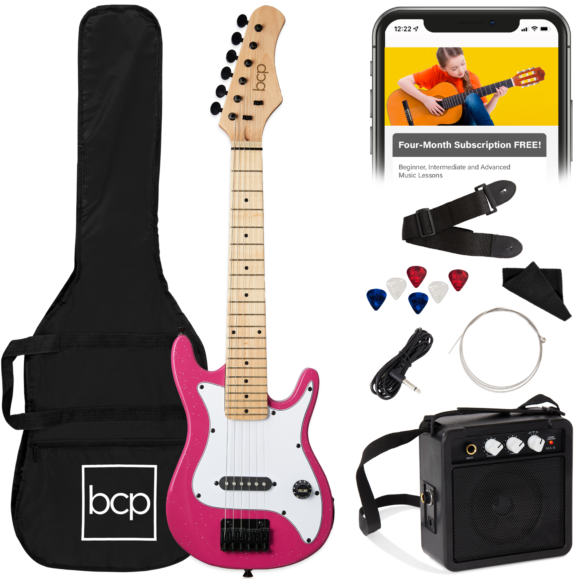 30in Kids Electric Guitar Beginner Starter Kit w/ 5W Amplifier, Strap, Case, Strings, Picks - Pink Sparkle - Best Choice Products Online