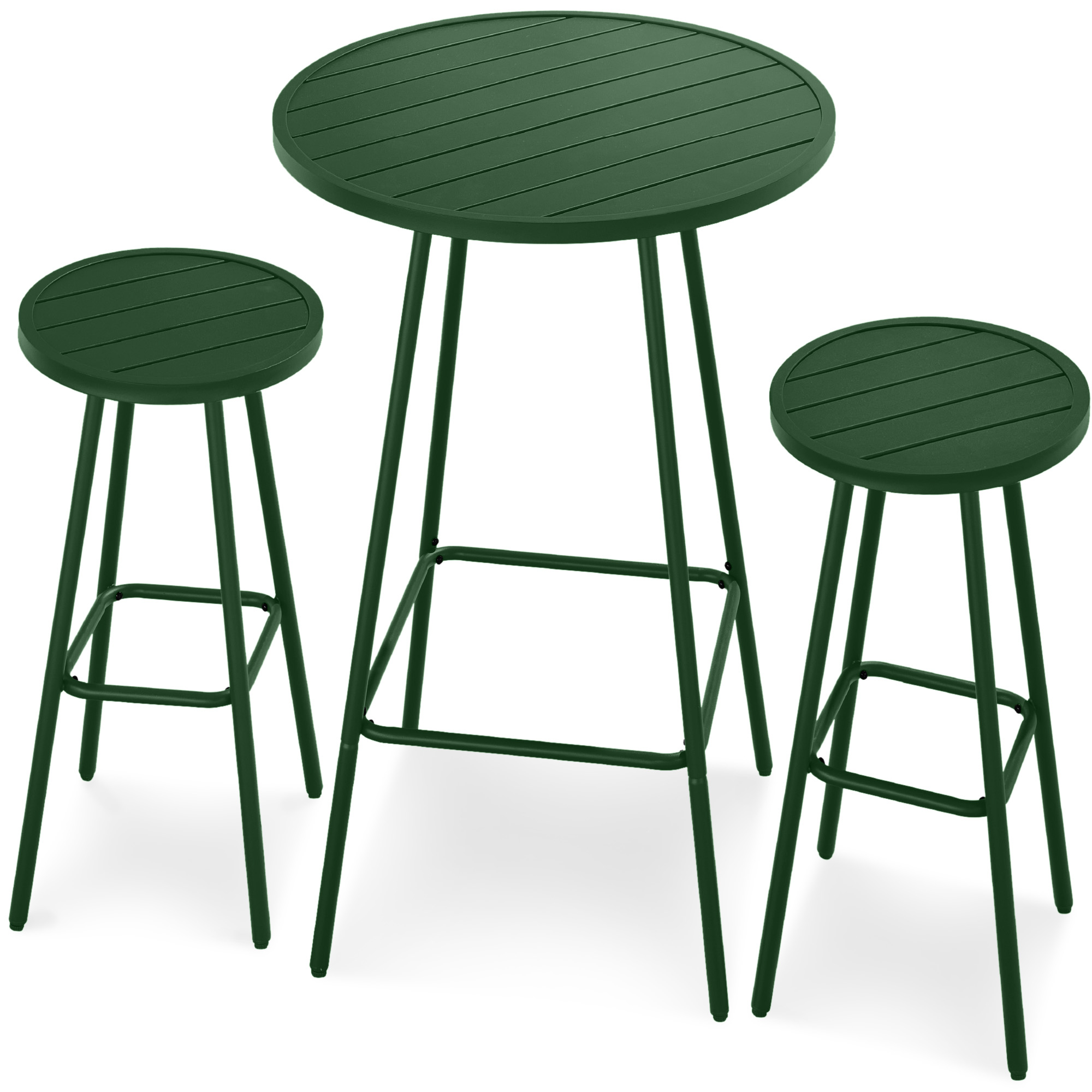 3-Piece Steel Patio Bar Height Round Bistro Set w/ Backless Stools, Slatted Design - Dark Green - Best Choice Products Online