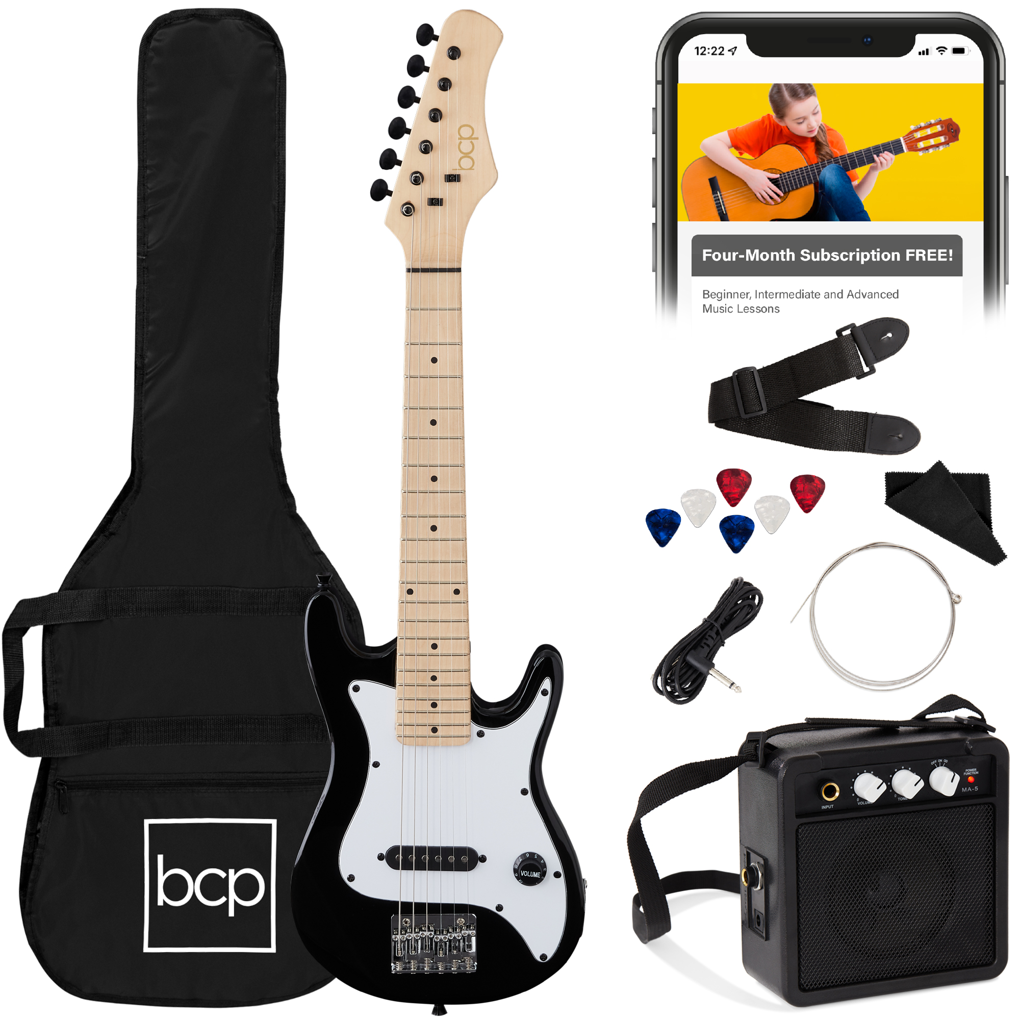 30in Kids Electric Guitar Beginner Starter Kit w/ 5W Amplifier, Strap, Case, Strings, Picks - Black - Best Choice Products Online