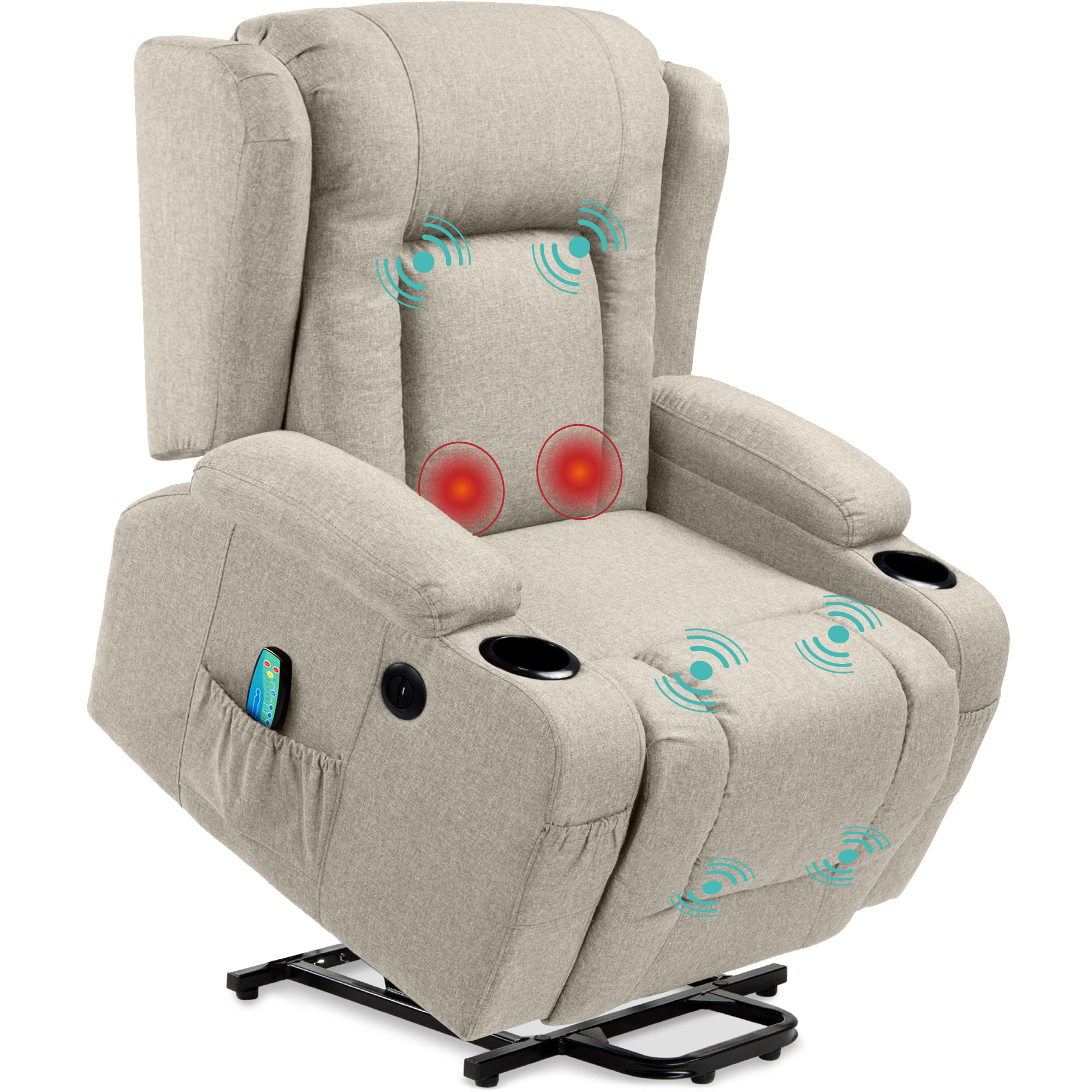 Electric Power Lift Linen Recliner Massage Chair Furniture w/ USB Port, Heat, Cupholders - Greige - Best Choice Products Online