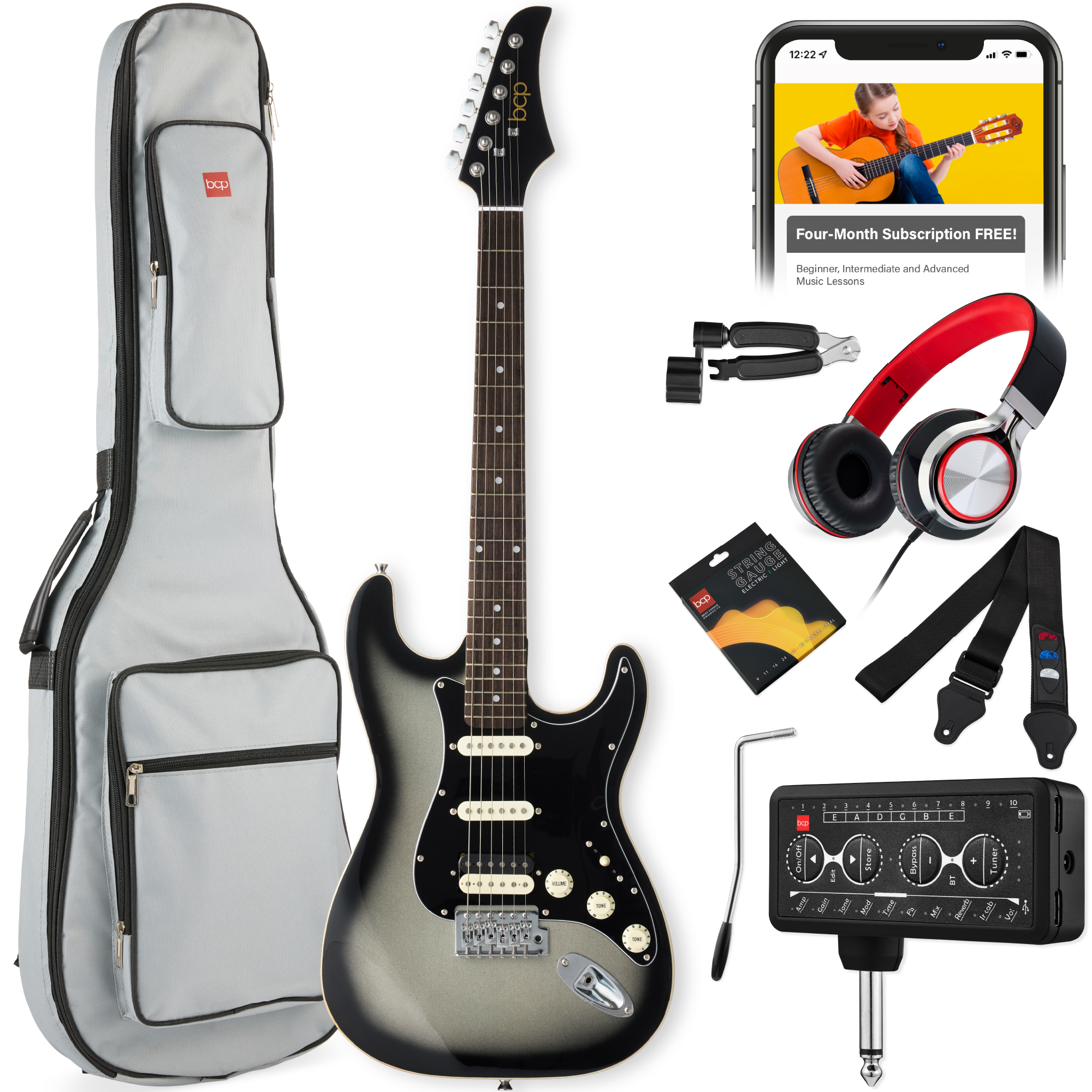 Beginner HSS Electric Guitar Kit w/ Headphone Amp, Gig-Bag, Headphones - Silverburst/Black - Best Choice Products Online
