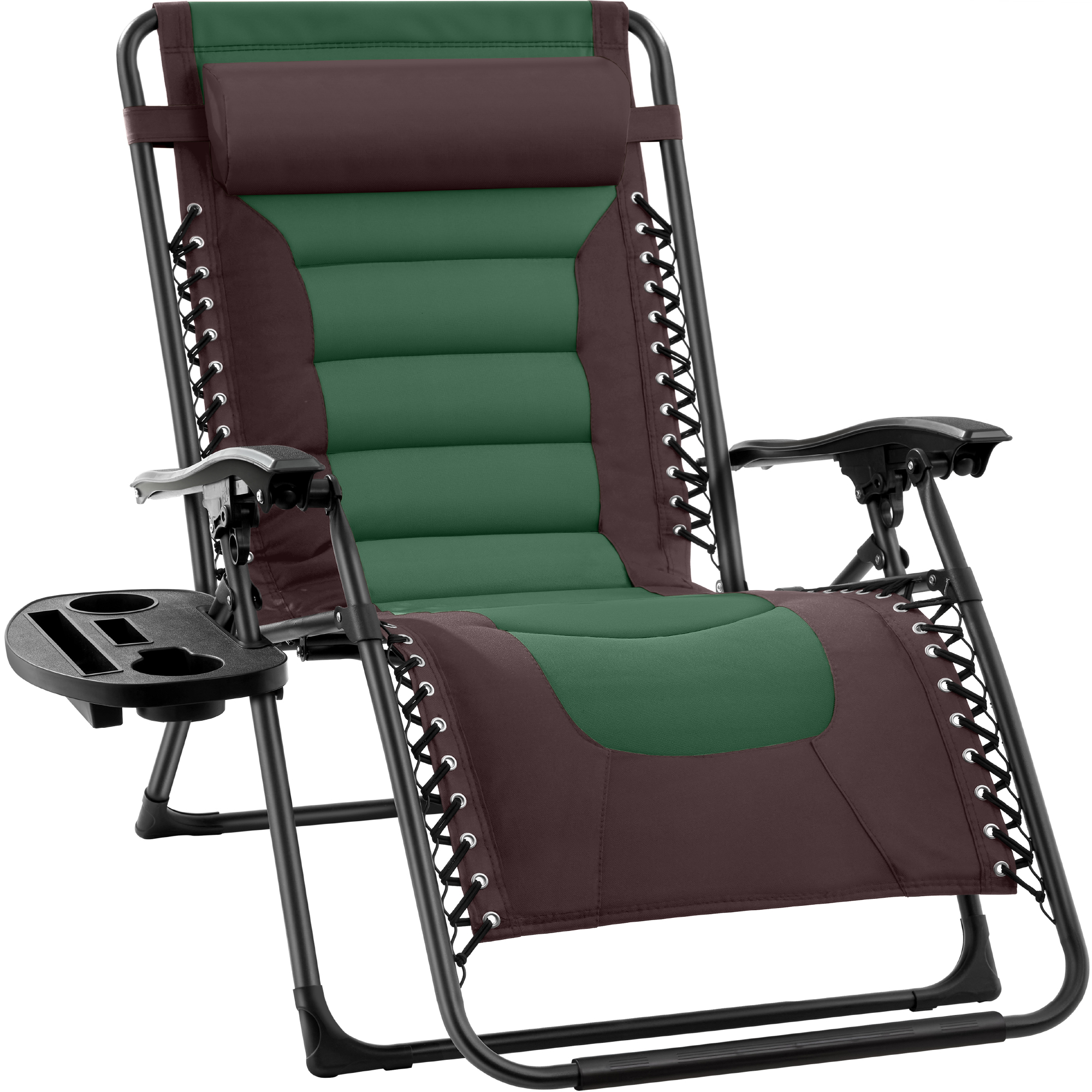 Oversized Padded Zero Gravity Chair, Folding Outdoor Patio Recliner w/ Side Tray - Espresso/Green - Best Choice Products Online