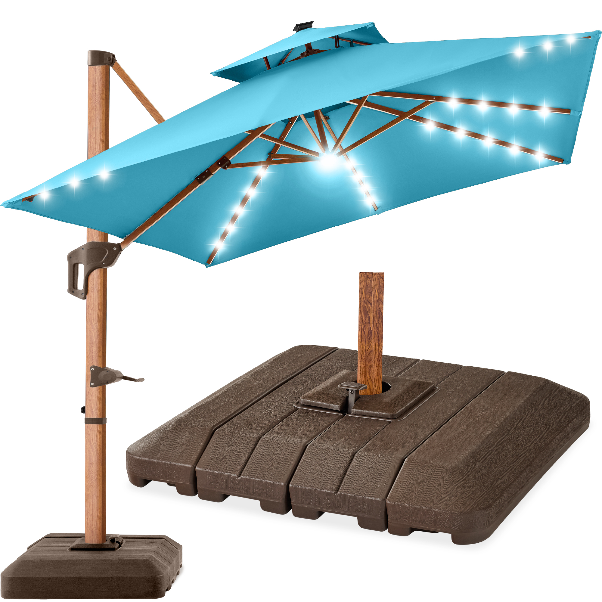 10ft Square Woodgrain Pattern 2-Tier Outdoor Solar LED Cantilever Umbrella w/ Base - Sky Blue - Best Choice Products Online