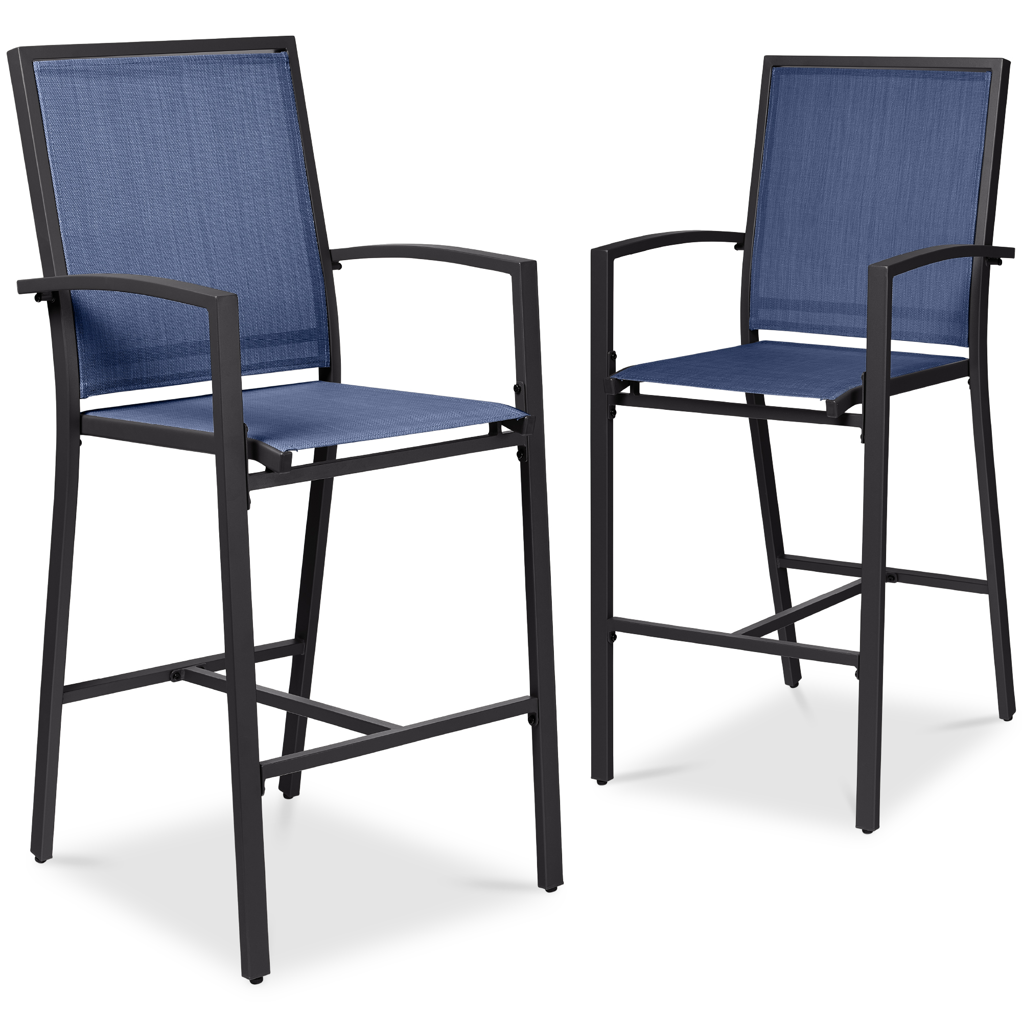 Outdoor Barstools Set of 2, Bar Height Patio Chairs w/ All-Weather Mesh - Black/Navy - Best Choice Products Online