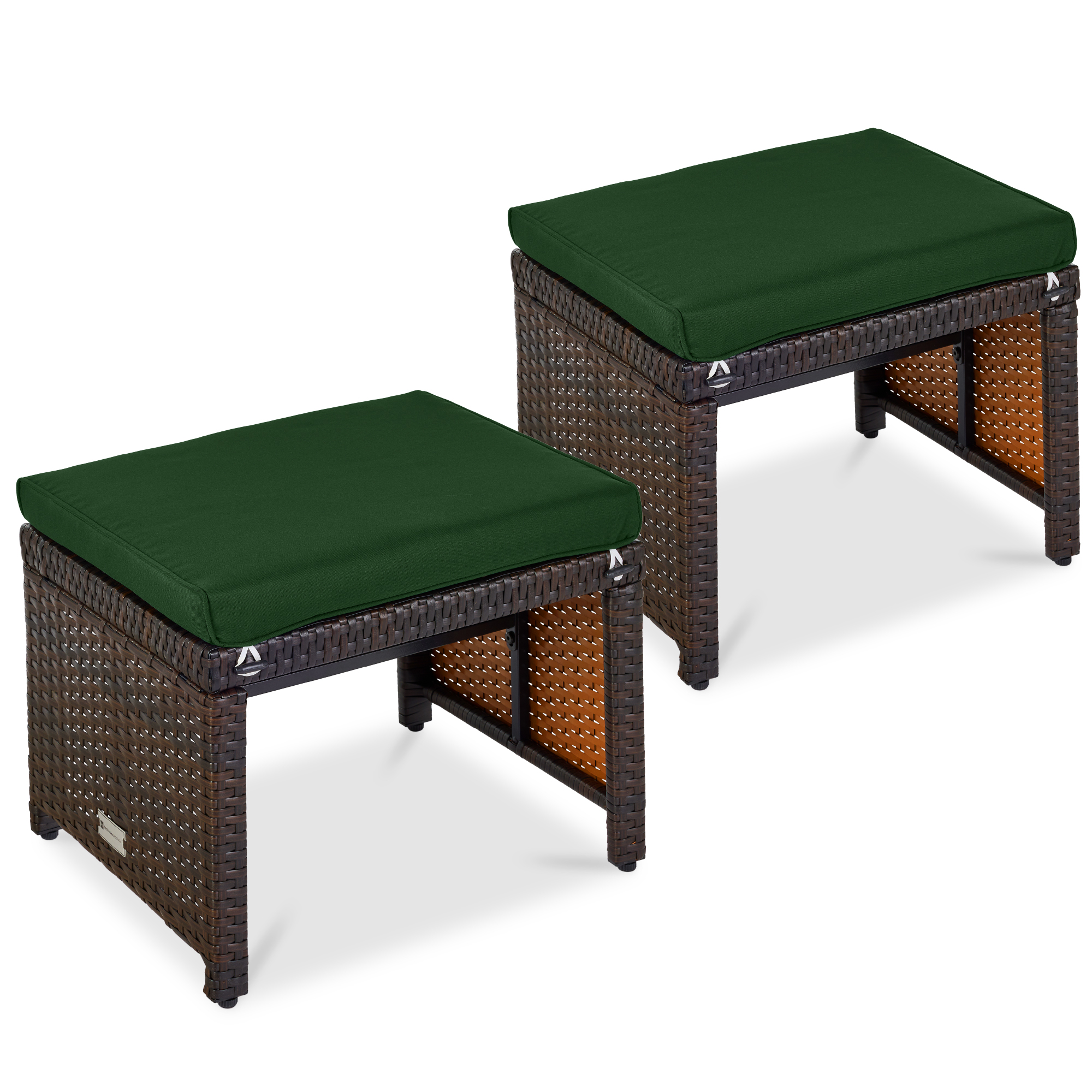 Multipurpose Patio Wicker Ottomans w/ Removable Cushions, Steel Frame, Set of 2 - Midnight Green/Brown - Best Choice Products Online