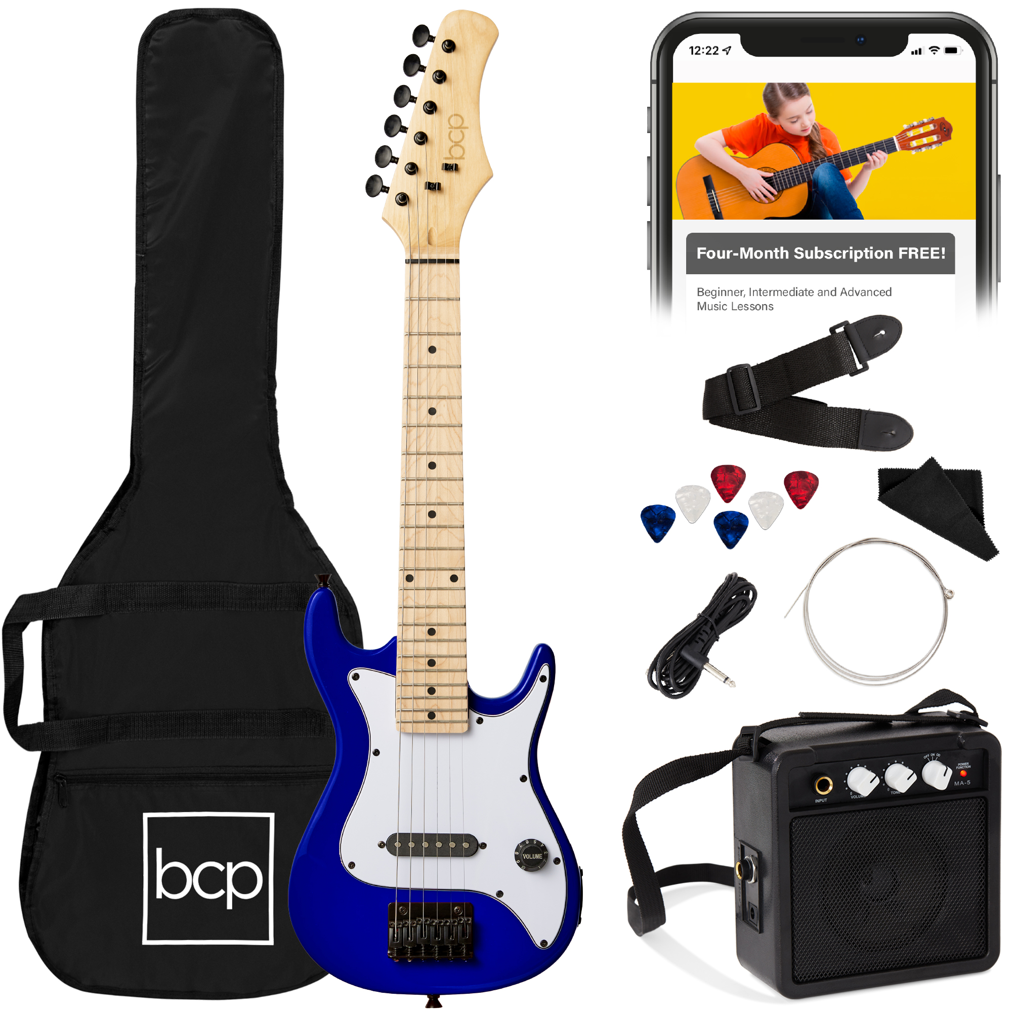 30in Kids Electric Guitar Beginner Starter Kit w/ 5W Amplifier, Strap, Case, Strings, Picks - Metallic Blue - Best Choice Products Online