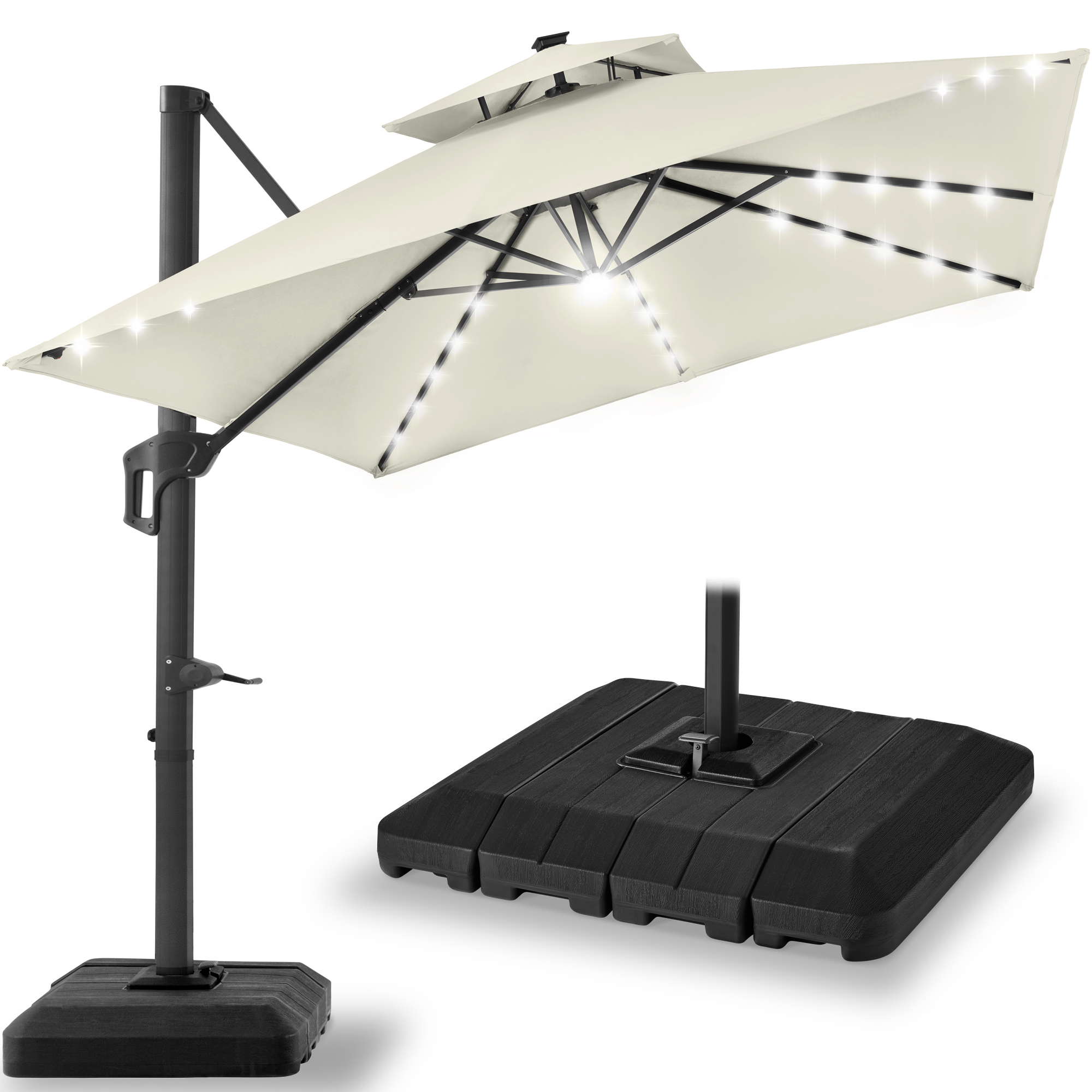 10ft 2-Tier Square Outdoor Solar LED Cantilever Patio Umbrella w/ Base Included - Ivory - Best Choice Products Online