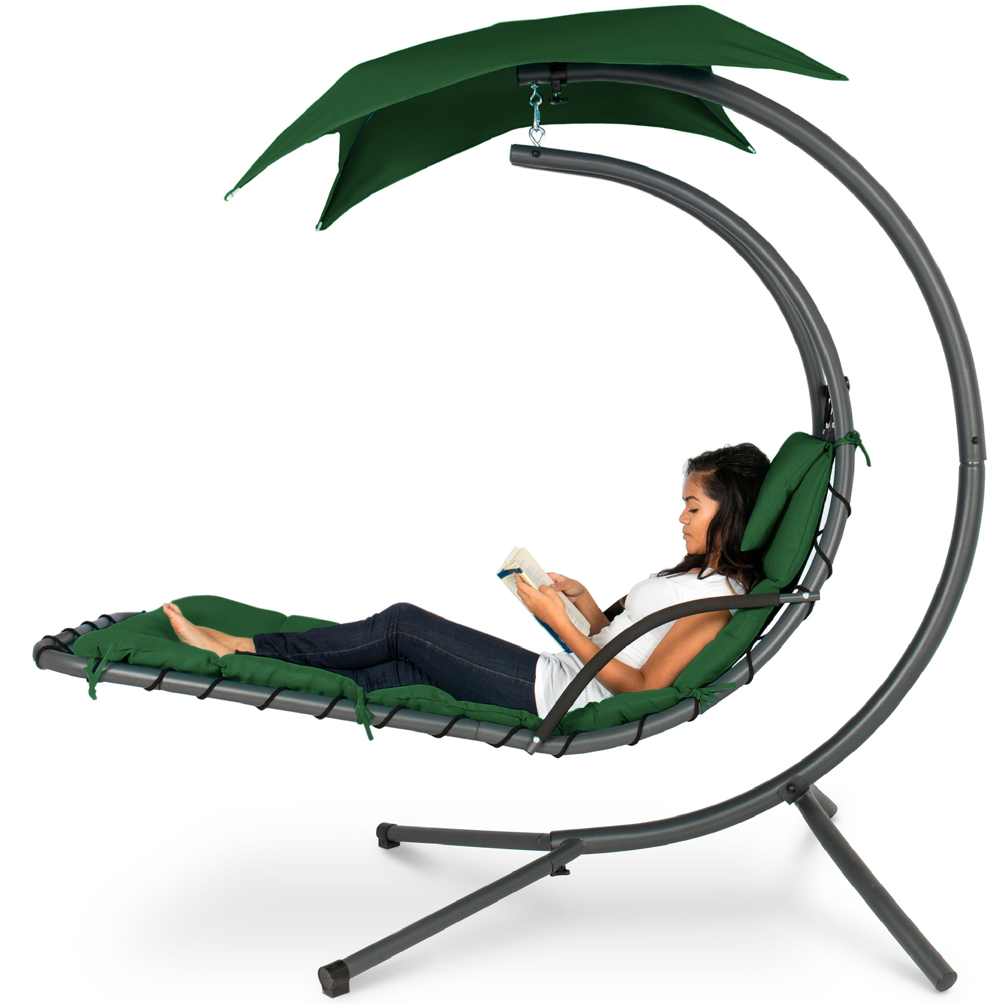 Hanging Curved Chaise Lounge Chair Swing For Backyard, Patio w/ Pillow, Canopy, Stand - Green - Best Choice Products Online