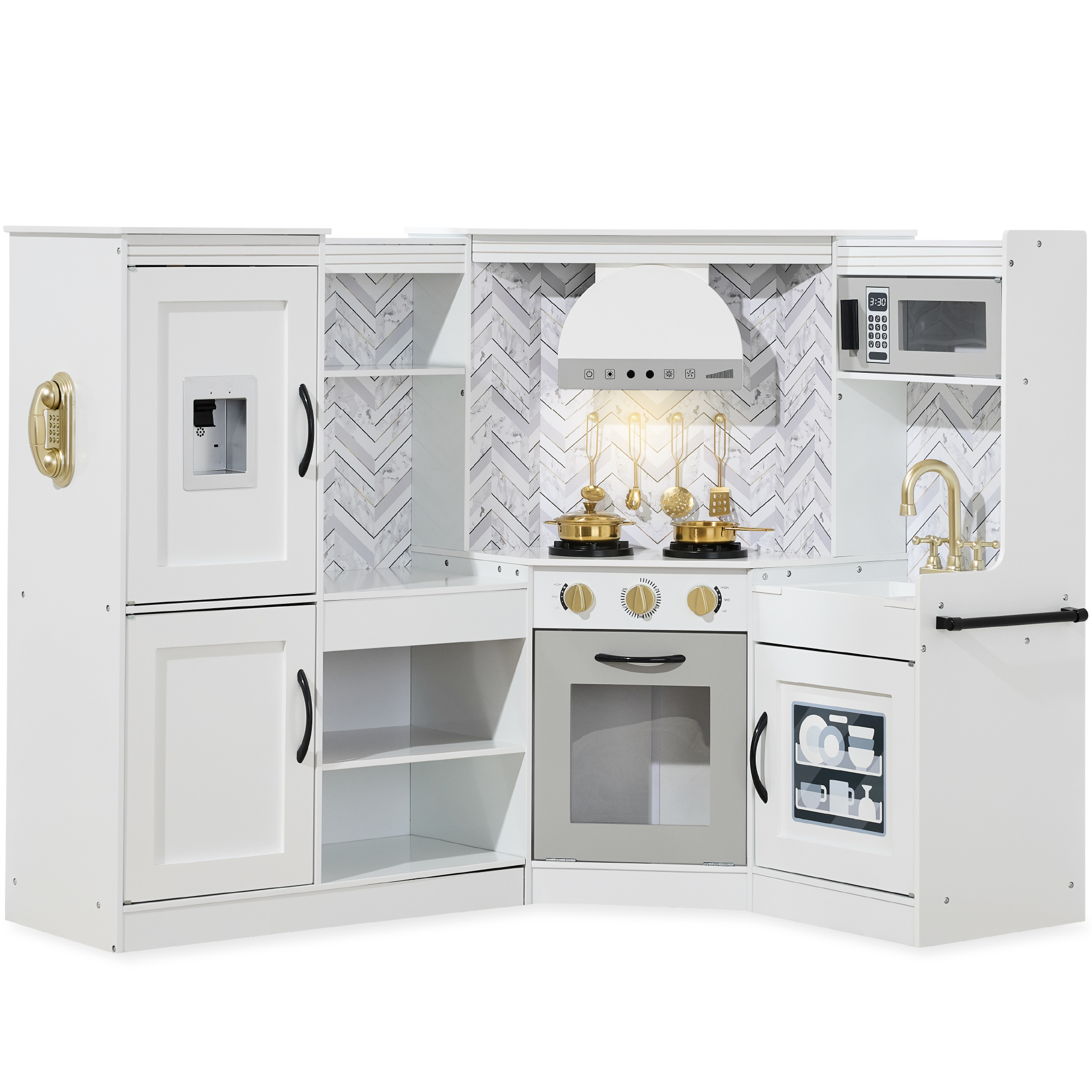 Pretend Play Corner Kitchen, Ultimate Wooden Toy Set For Kids w/ 6 Accessories - White - Best Choice Products Online