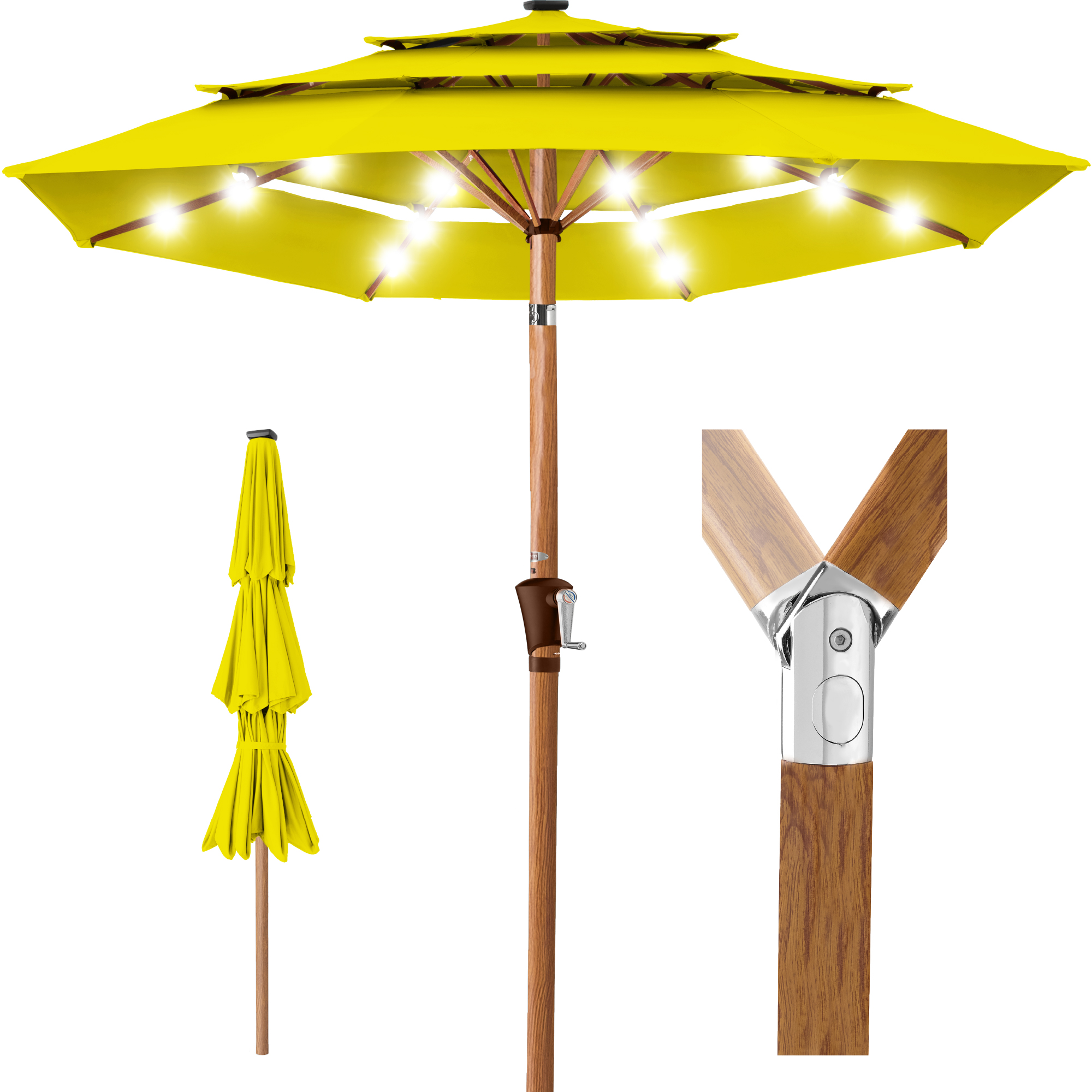 10ft Woodgrain Pattern 3-Tier Solar Patio Umbrella w/ 24 LED Lights, Tilt - Yellow - Best Choice Products Online