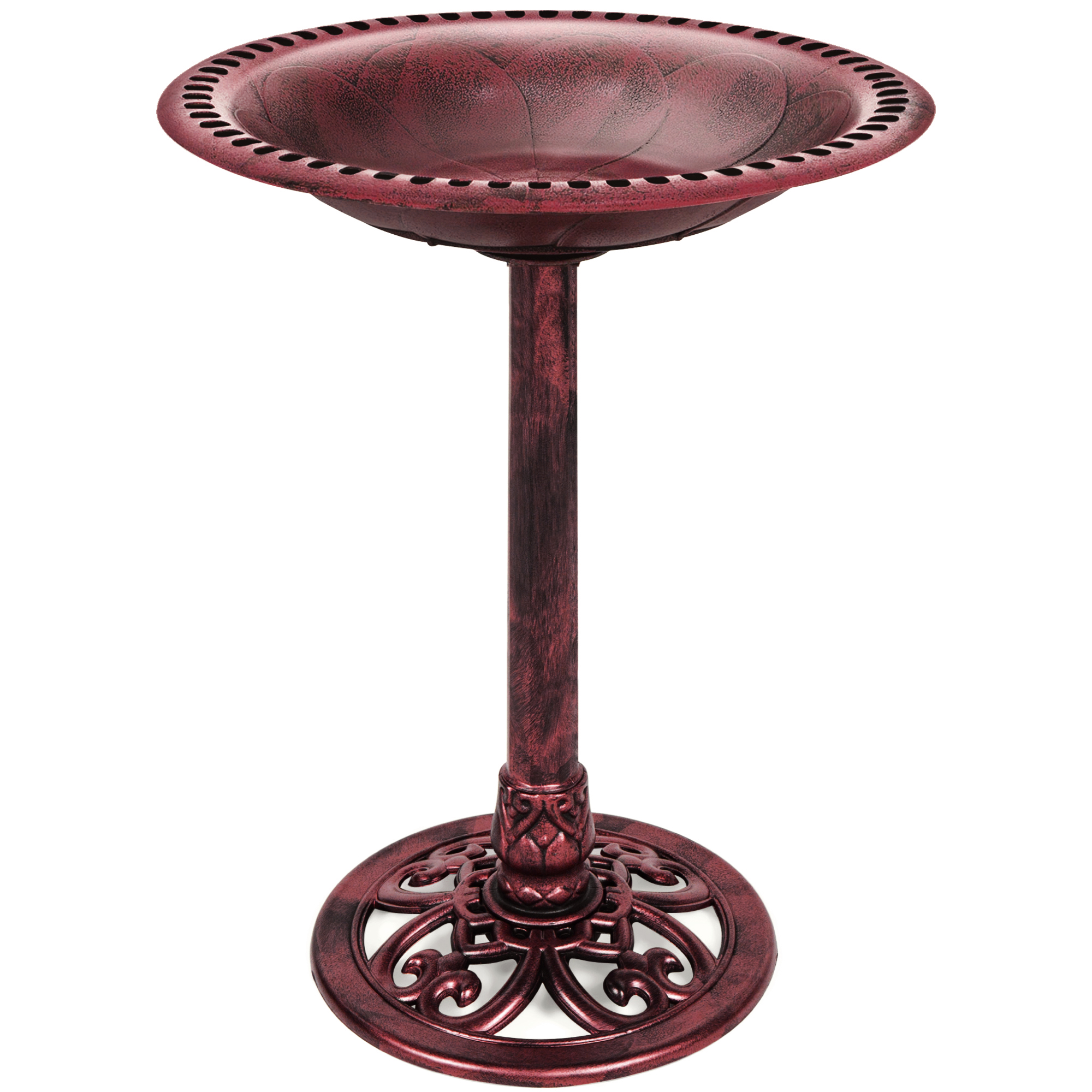 Vintage Outdoor Garden Bird Bath Accent w/ Fleur-de-Lis Accents - Cherry Red - Best Choice Products Online