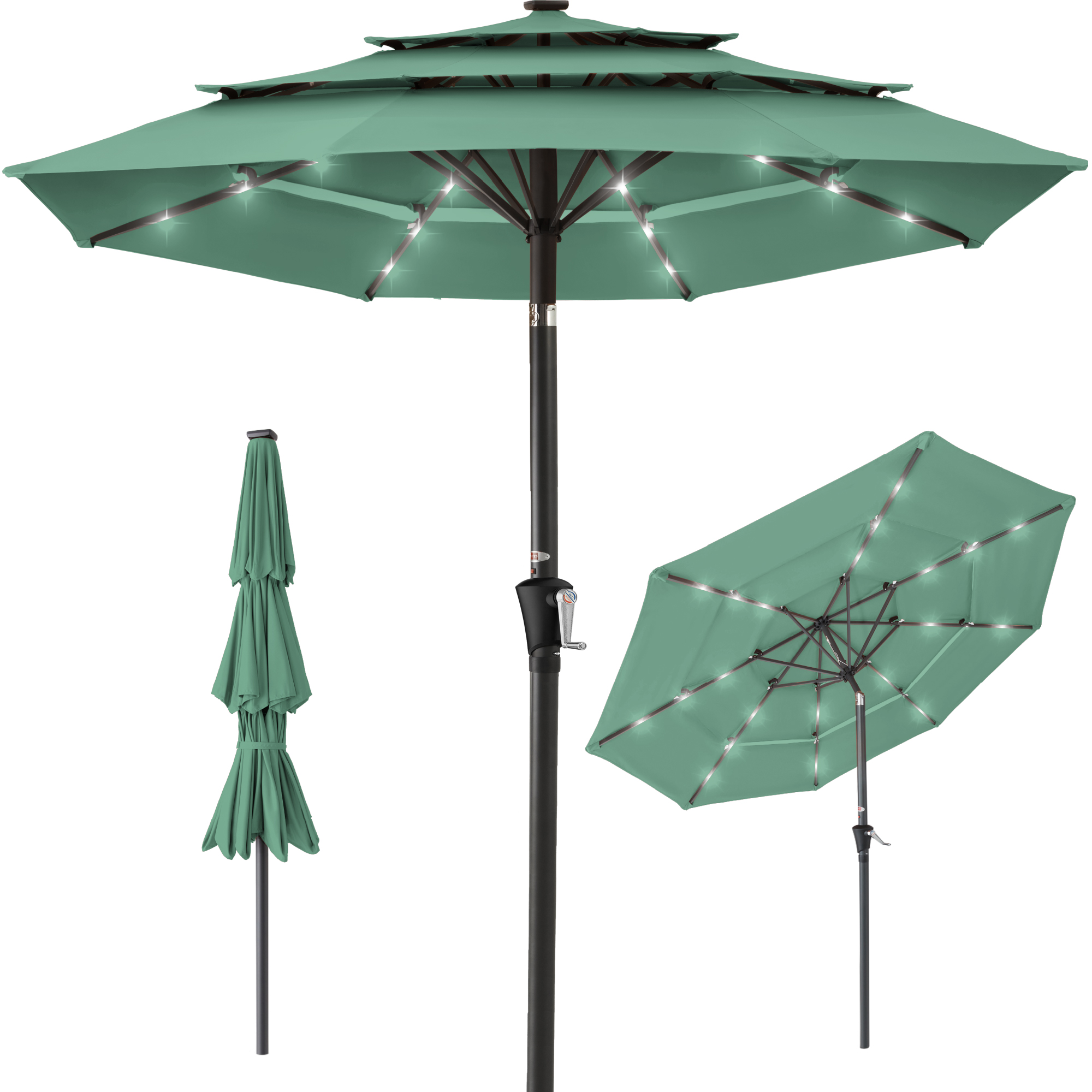 10ft 3-Tier Solar Patio Umbrella w/ 24 LED Lights, Tilt Adjustment, Easy Crank - Seaglass - Best Choice Products Online