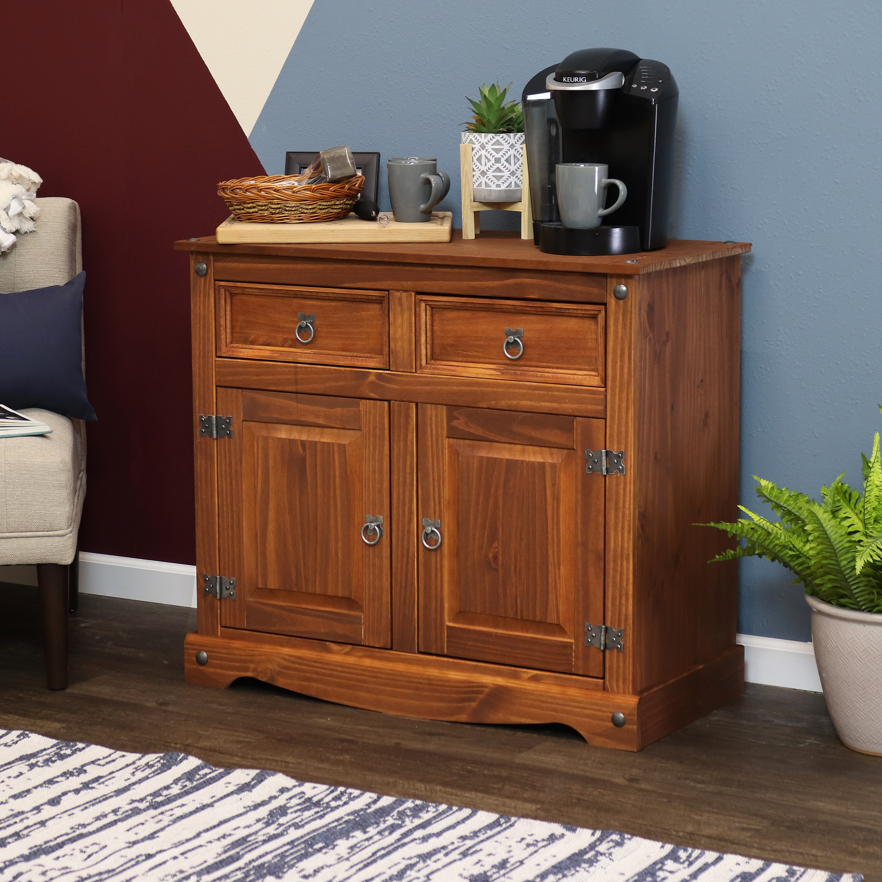 Solid Pine Sideboard with 2 Drawers and 2 Doors - Chocolate