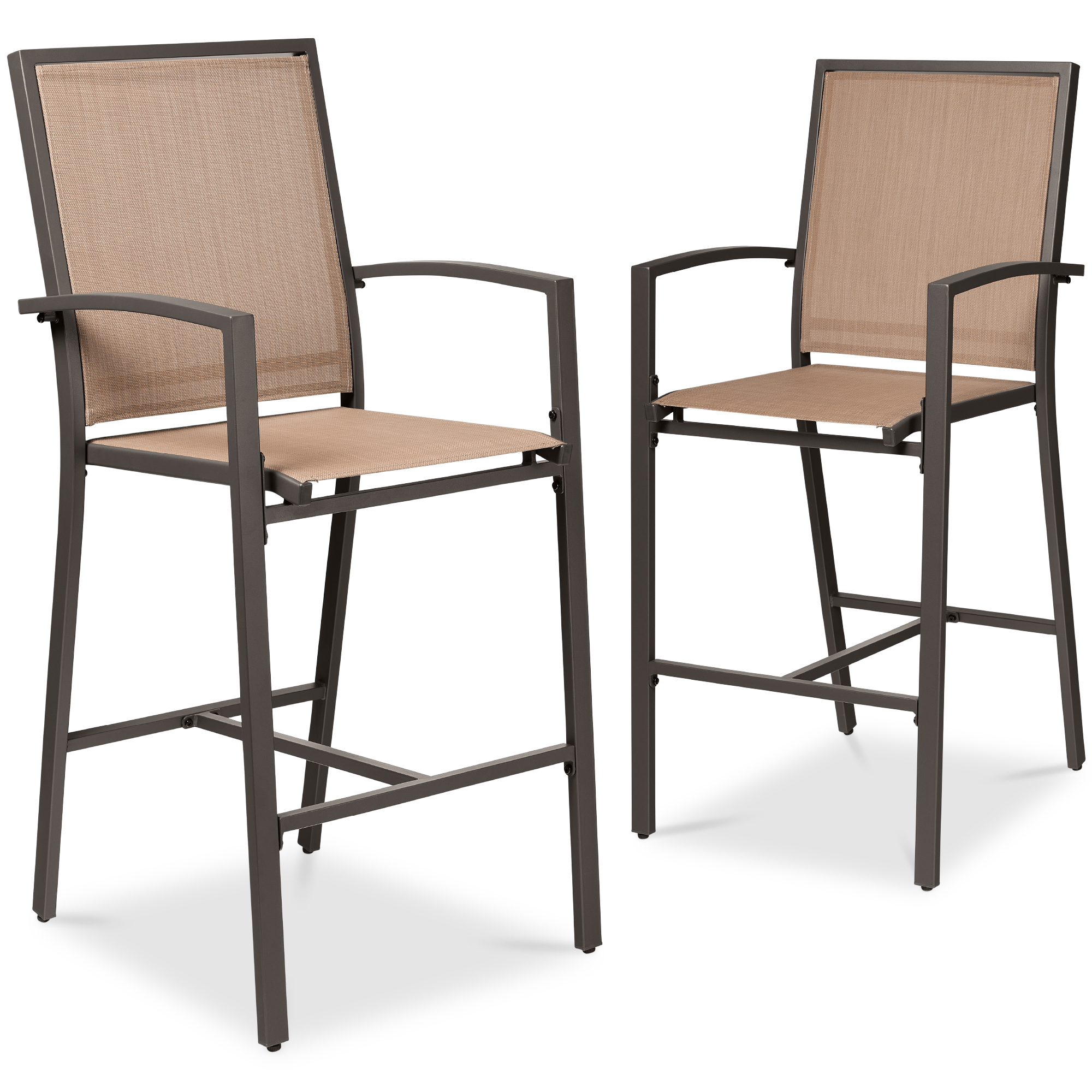Outdoor Barstools Set of 2, Bar Height Patio Chairs w/ All-Weather Mesh - Brown/Light Brown - Best Choice Products Online