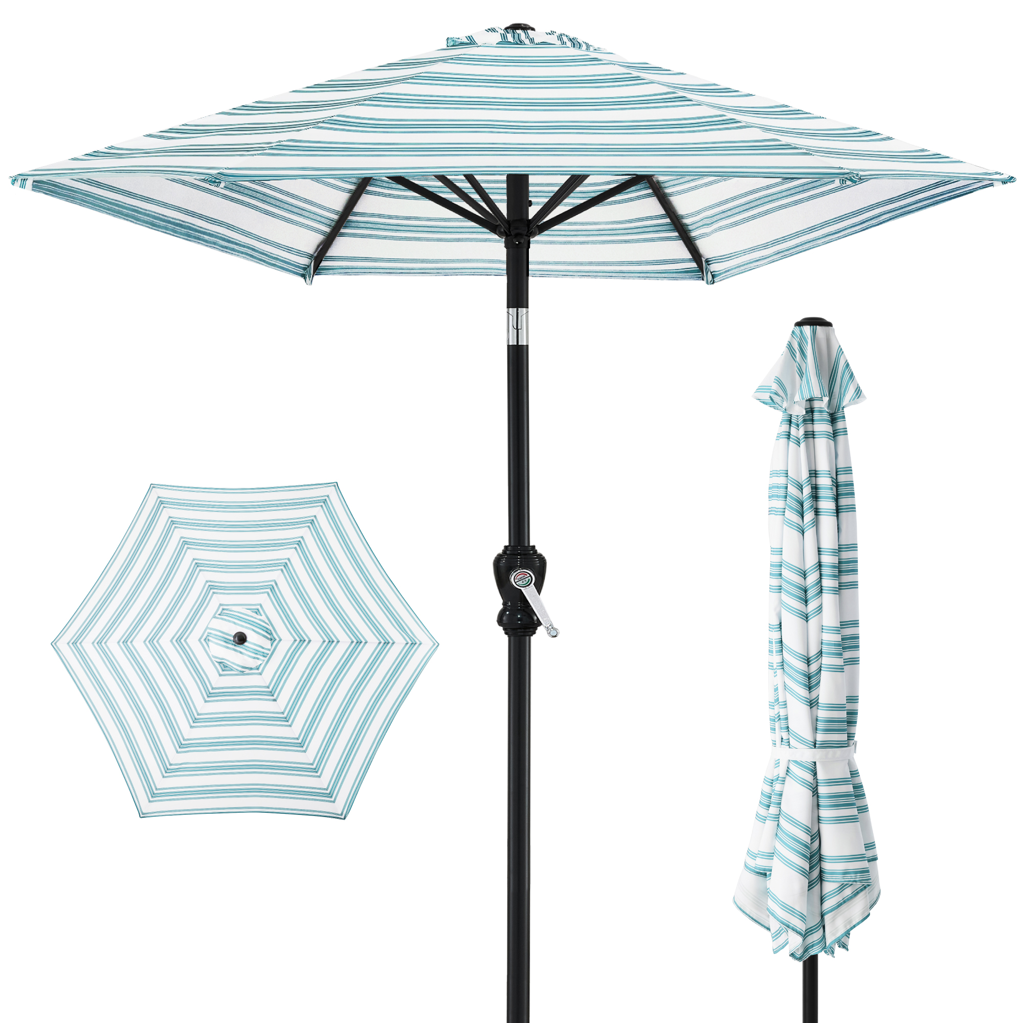 10ft Outdoor Steel Market Patio Umbrella w/ Crank, Tilt Push Button, 6 Ribs - Striped Sky Blue - Best Choice Products Online