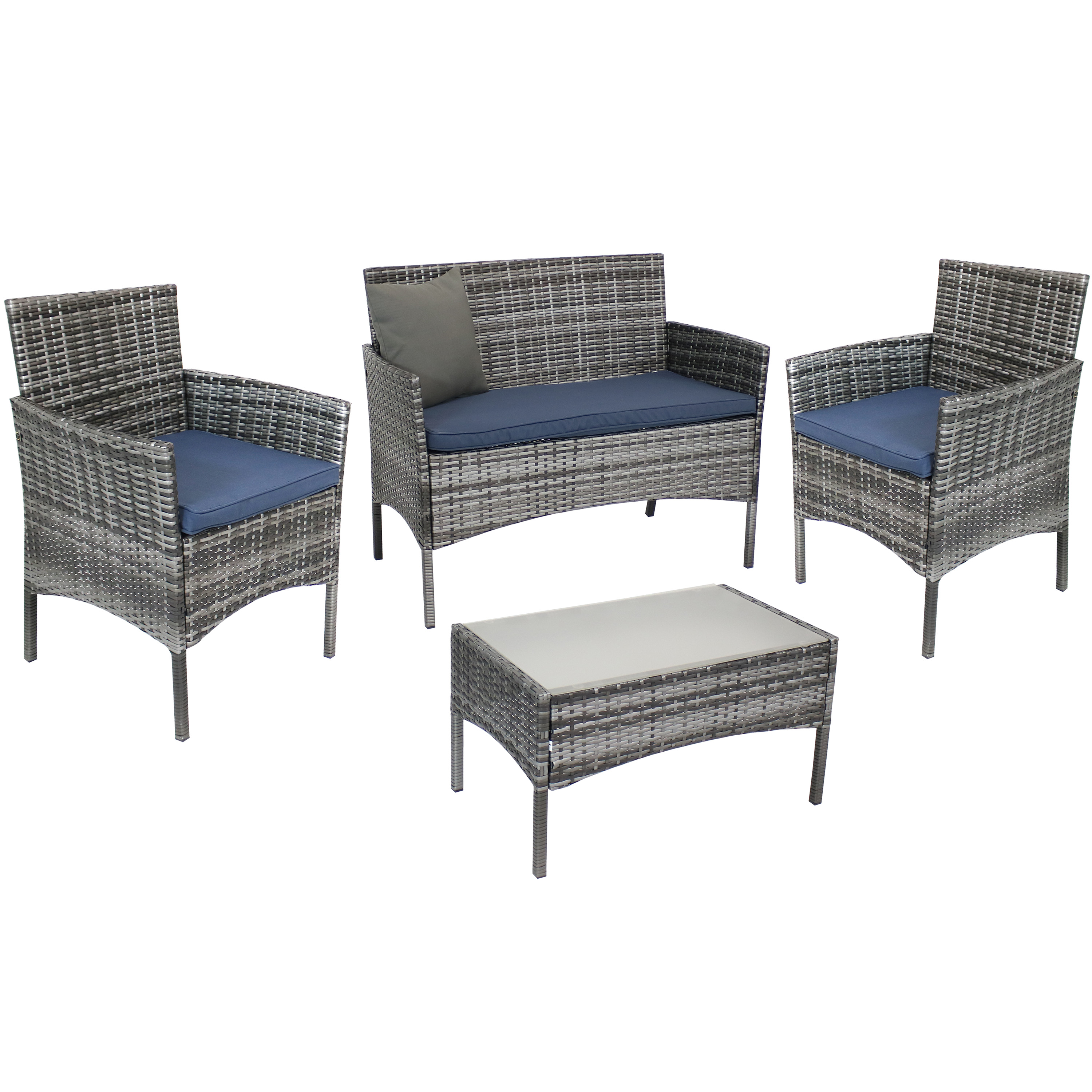 Sunnydaze Dunmore 4-Piece Patio Set - Mixed Gray Rattan and Navy Blue Cushions