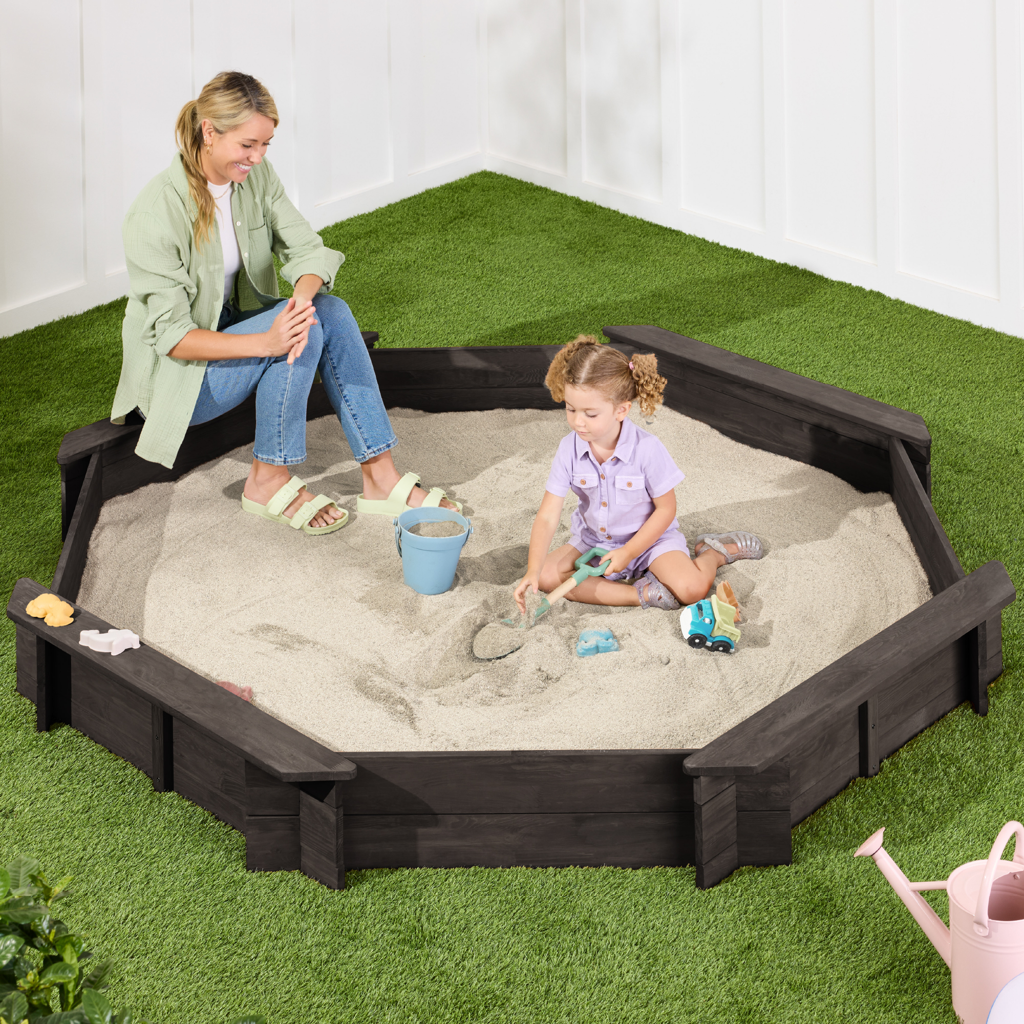 Kids Octagonal Wooden Outdoor Sandbox w/ Benches, 8 Seats, Cover, XL Sandpit, Liner - Espresso - Best Choice Products Online