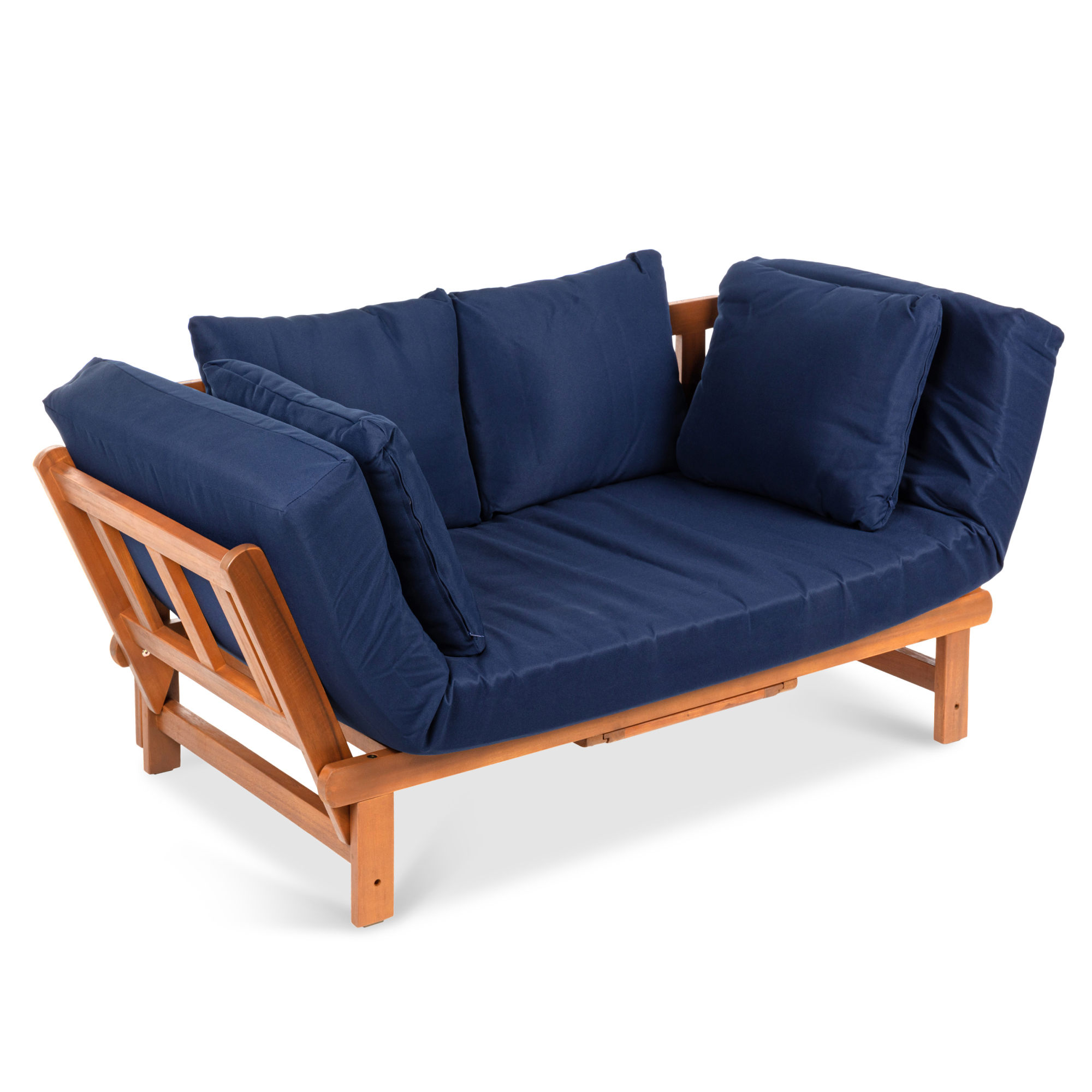 Futon Sofa, Outdoor, Convertible, Acacia Wood w/ Pullout Tray, 4 Pillows, All-Weather Cushions - Best Choice Products Online